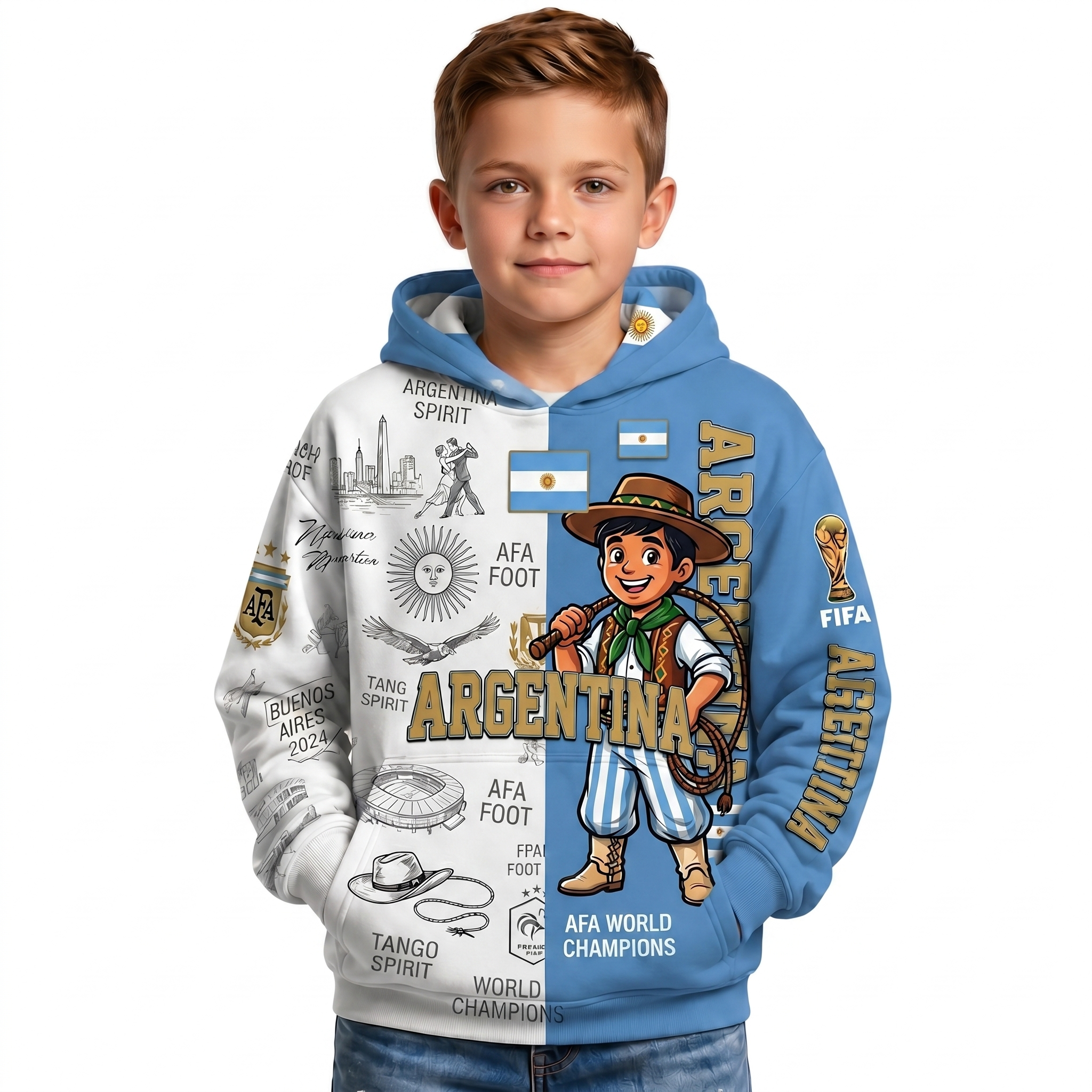 FIFA 2026 Argentina Football Themed All Over Printed Hoodie For Kids