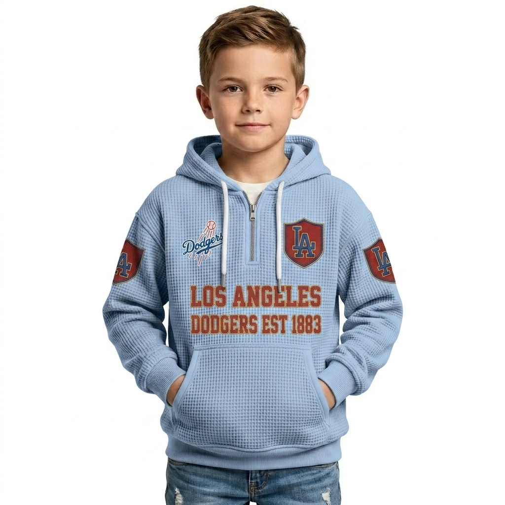 Los Angeles Dodgers EST 1883 Printed Waffle Quarter Zip Baseball Fan Hoodie For Kids