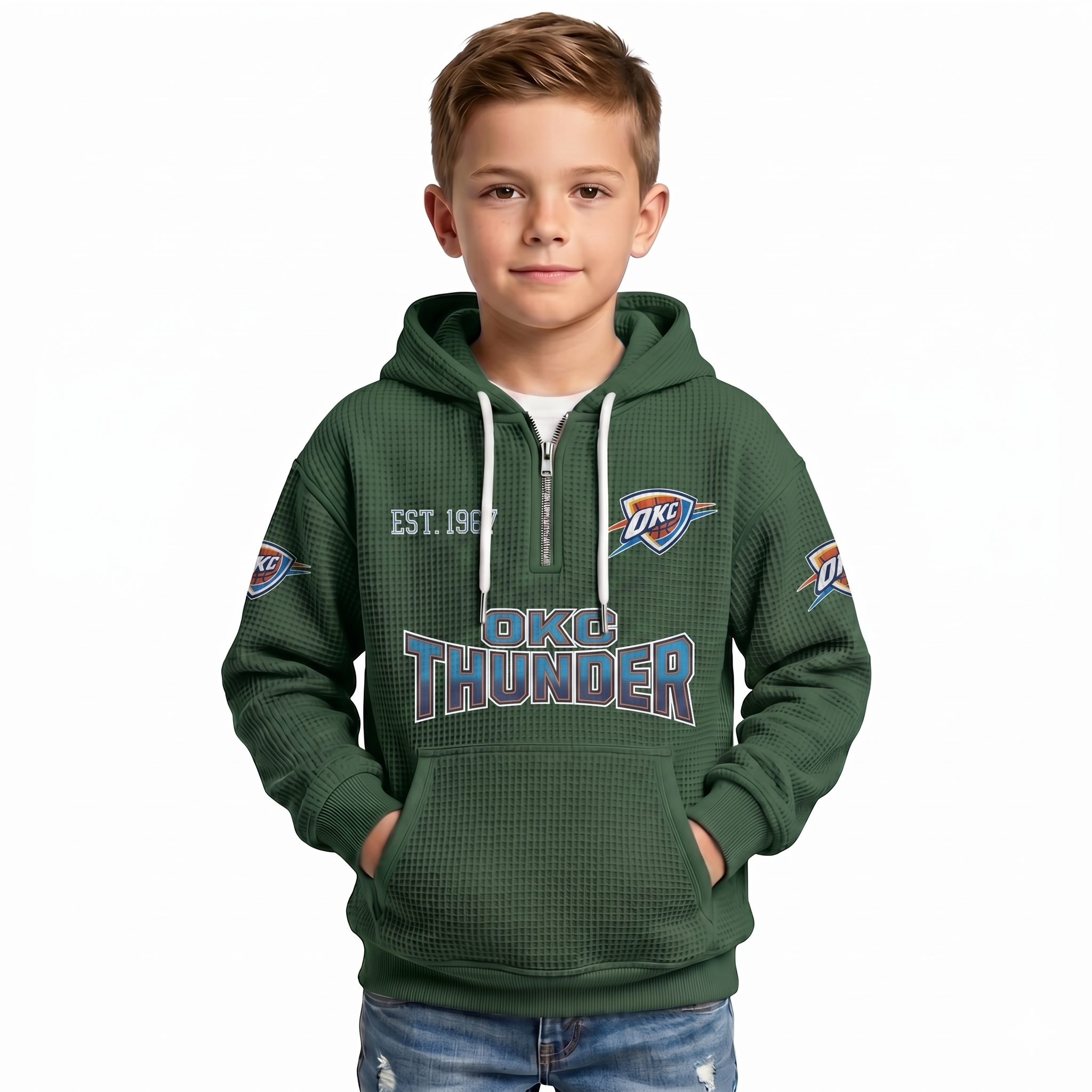 Oklahoma City Thunder EST 1967 Printed Waffle Quarter Zip Basketball Fan Hoodie For Kids