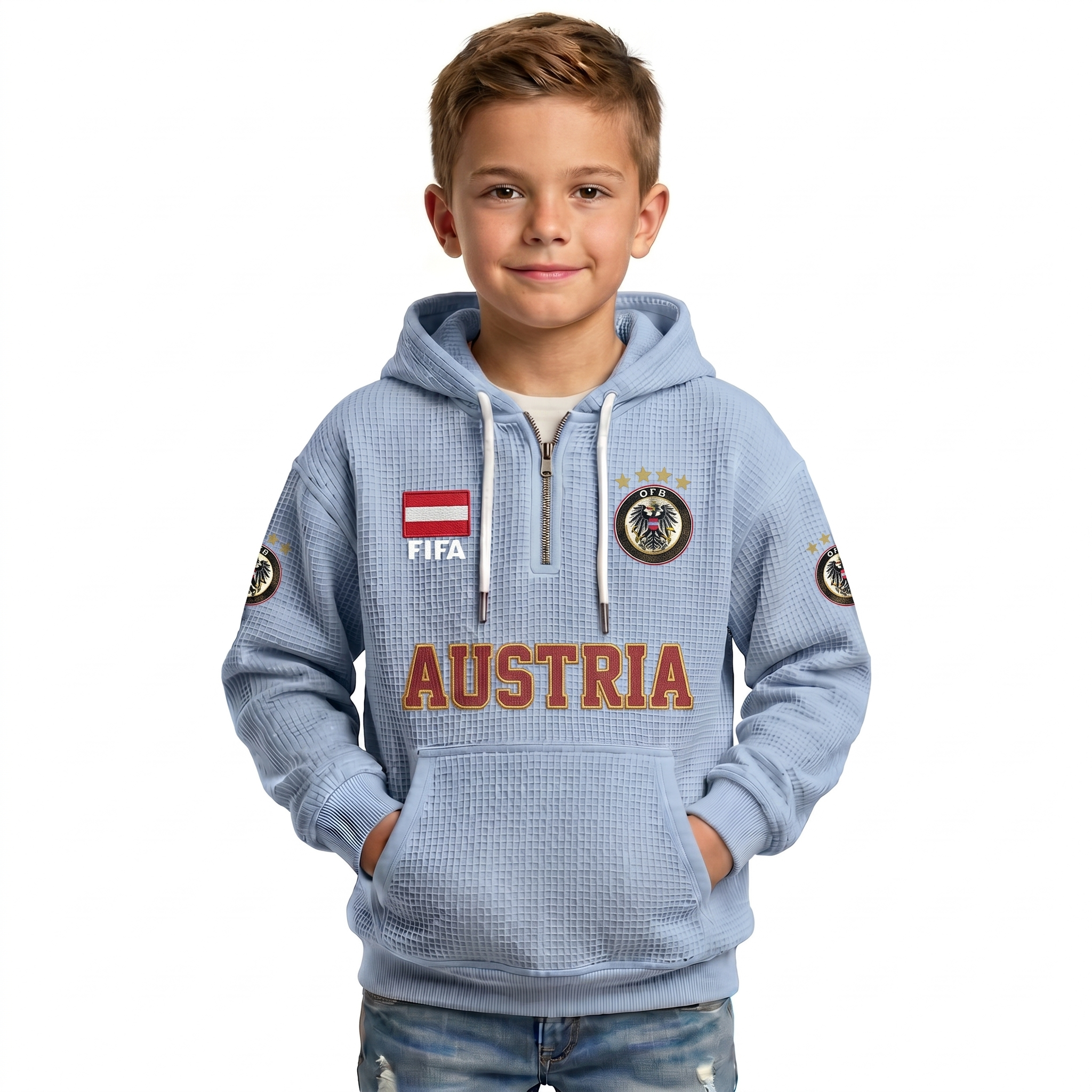 FIFA 2026 Austria Printed Waffle Quarter Zip Football Fan Hoodie For Kids