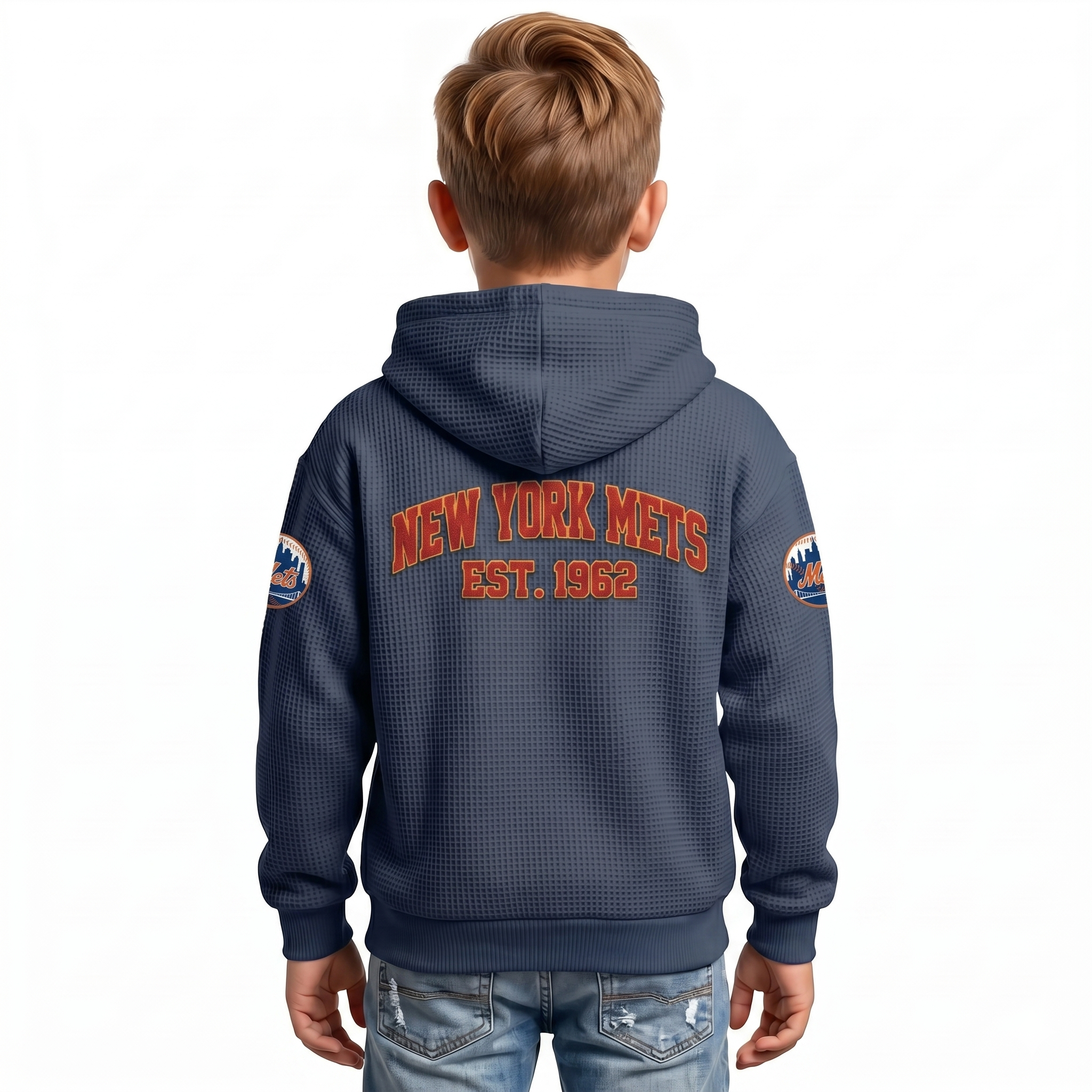 New York Mets EST 1962 Printed Waffle Quarter Zip Baseball Fan Hoodie For Kids
