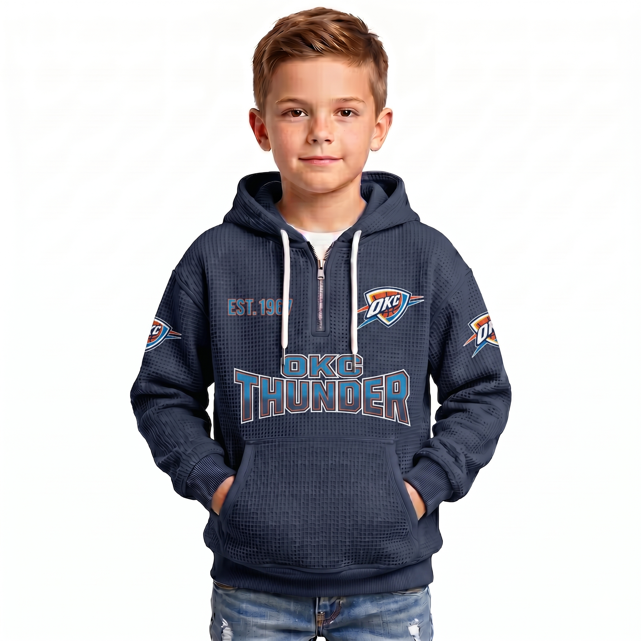 Oklahoma City Thunder EST 1967 Printed Waffle Quarter Zip Basketball Fan Hoodie For Kids