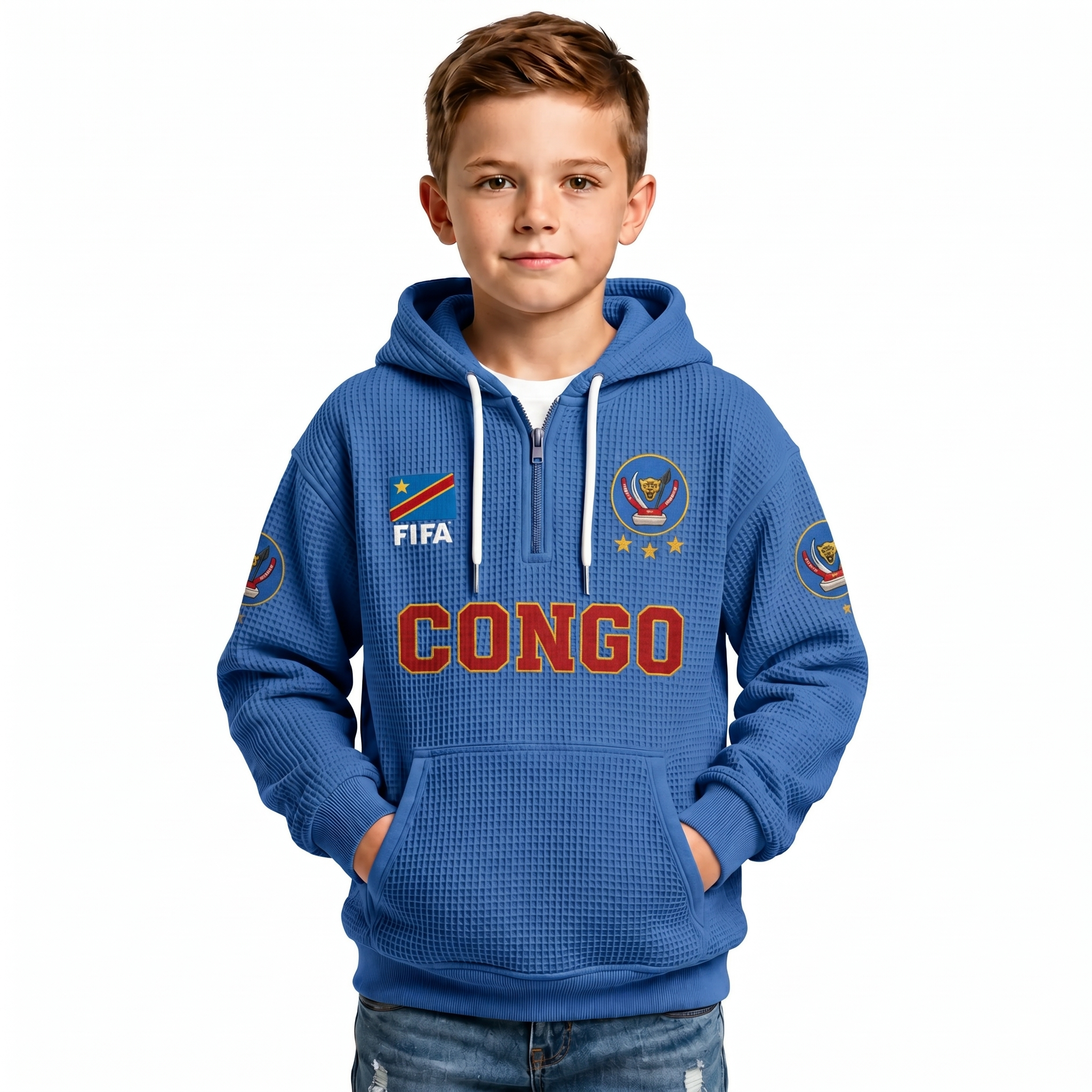 FIFA 2026 Democratic Republic Of The Congo Printed Waffle Quarter Zip Football Fan Hoodie For Kids