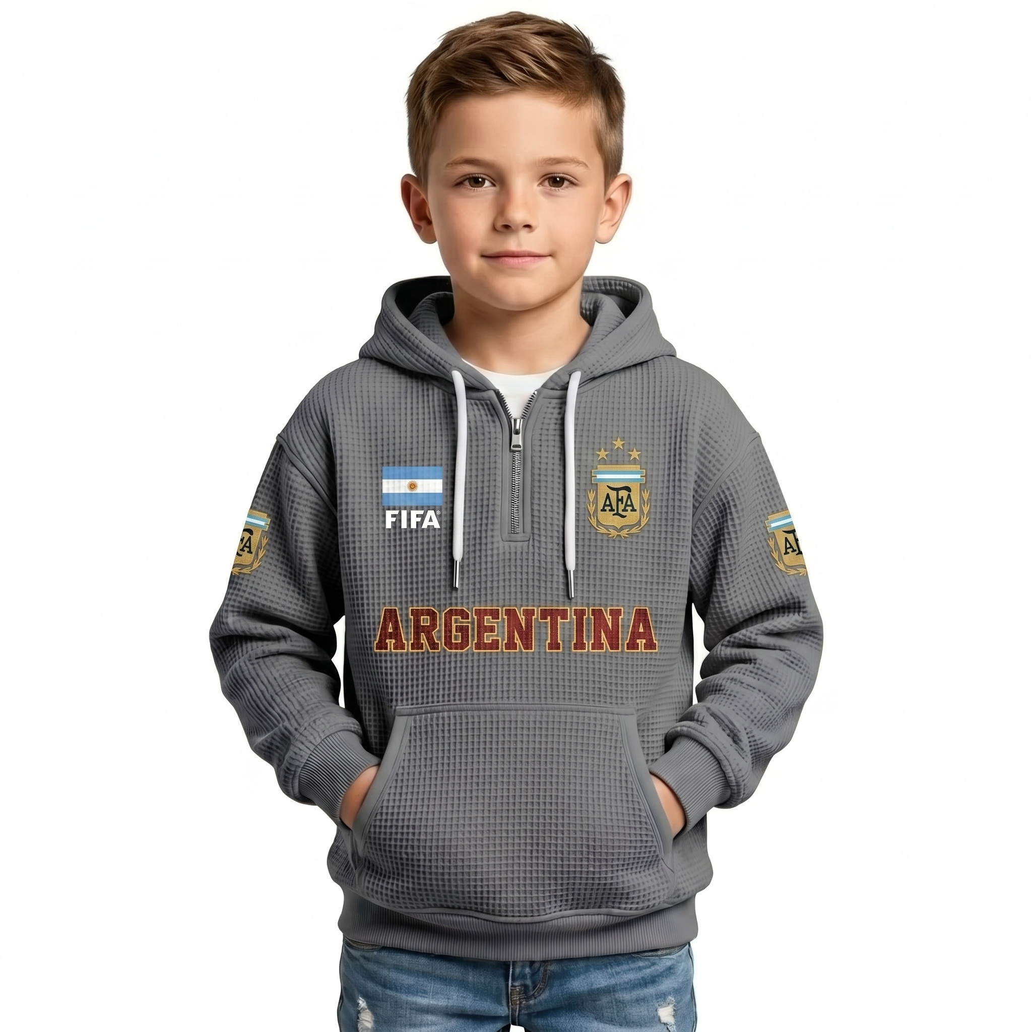 FIFA 2026 Argentina Printed Waffle Quarter Zip Football Fan Hoodie For Kids