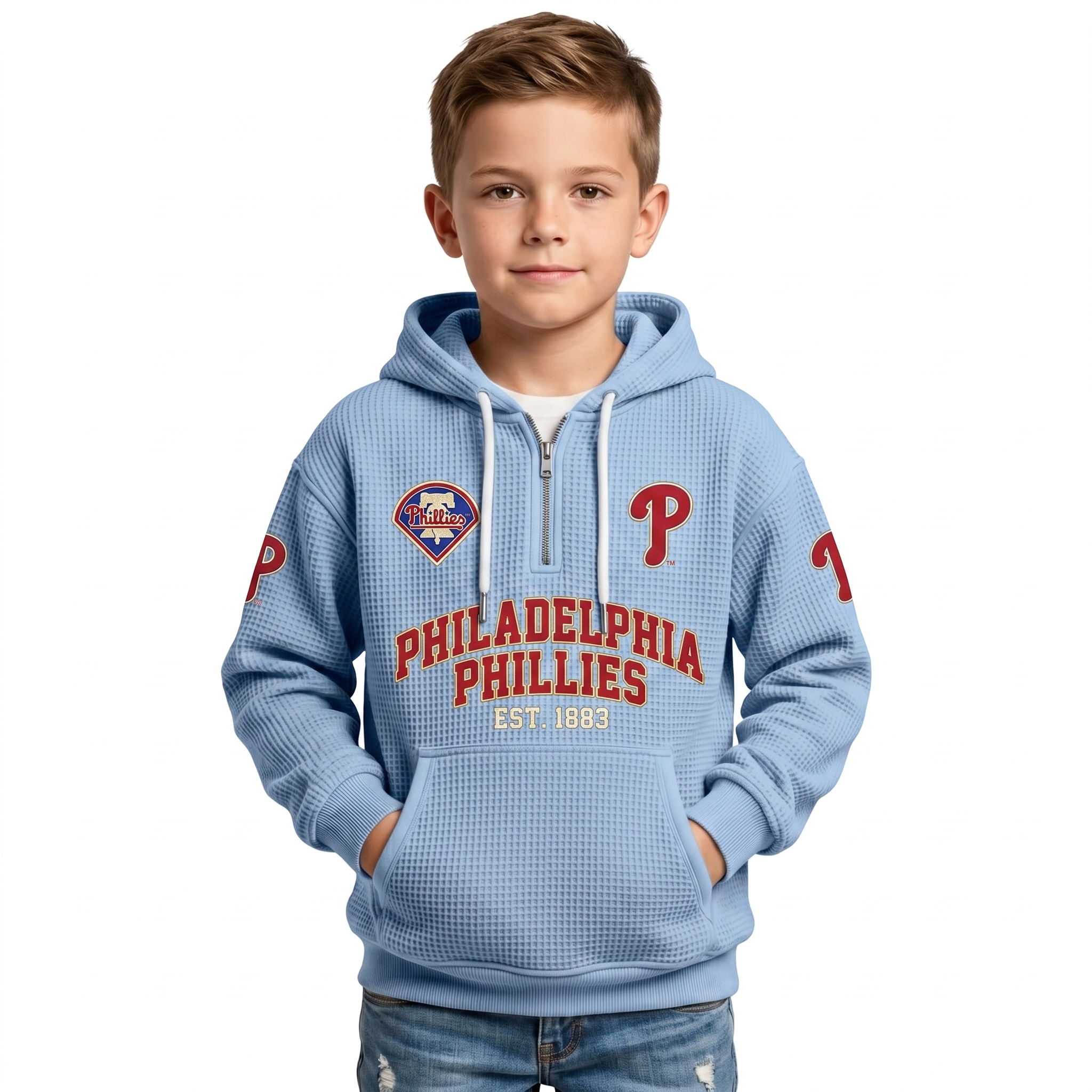Philadelphia Phillies EST 1883 Printed Waffle Quarter Zip Baseball Fan Hoodie For Kids