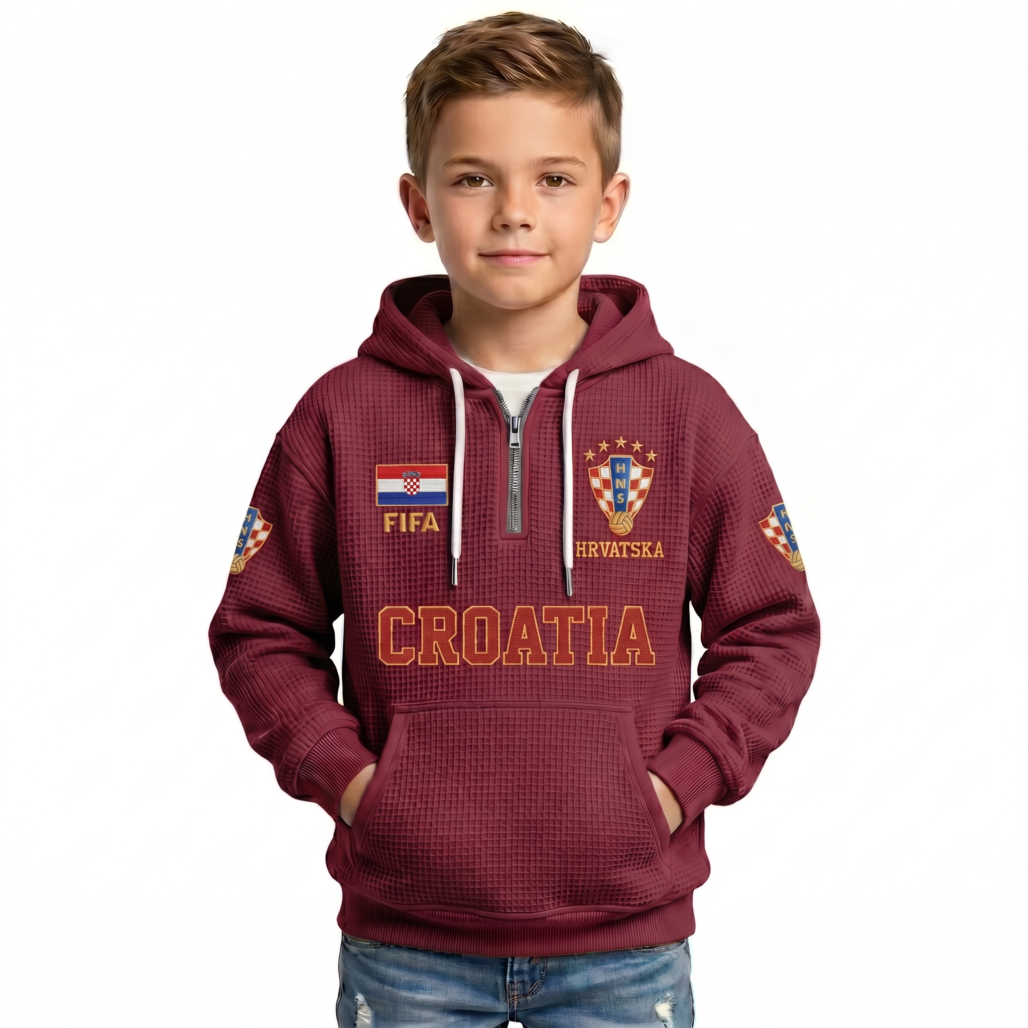 FIFA 2026 Croatia Printed Waffle Quarter Zip Football Fan Hoodie For Kids