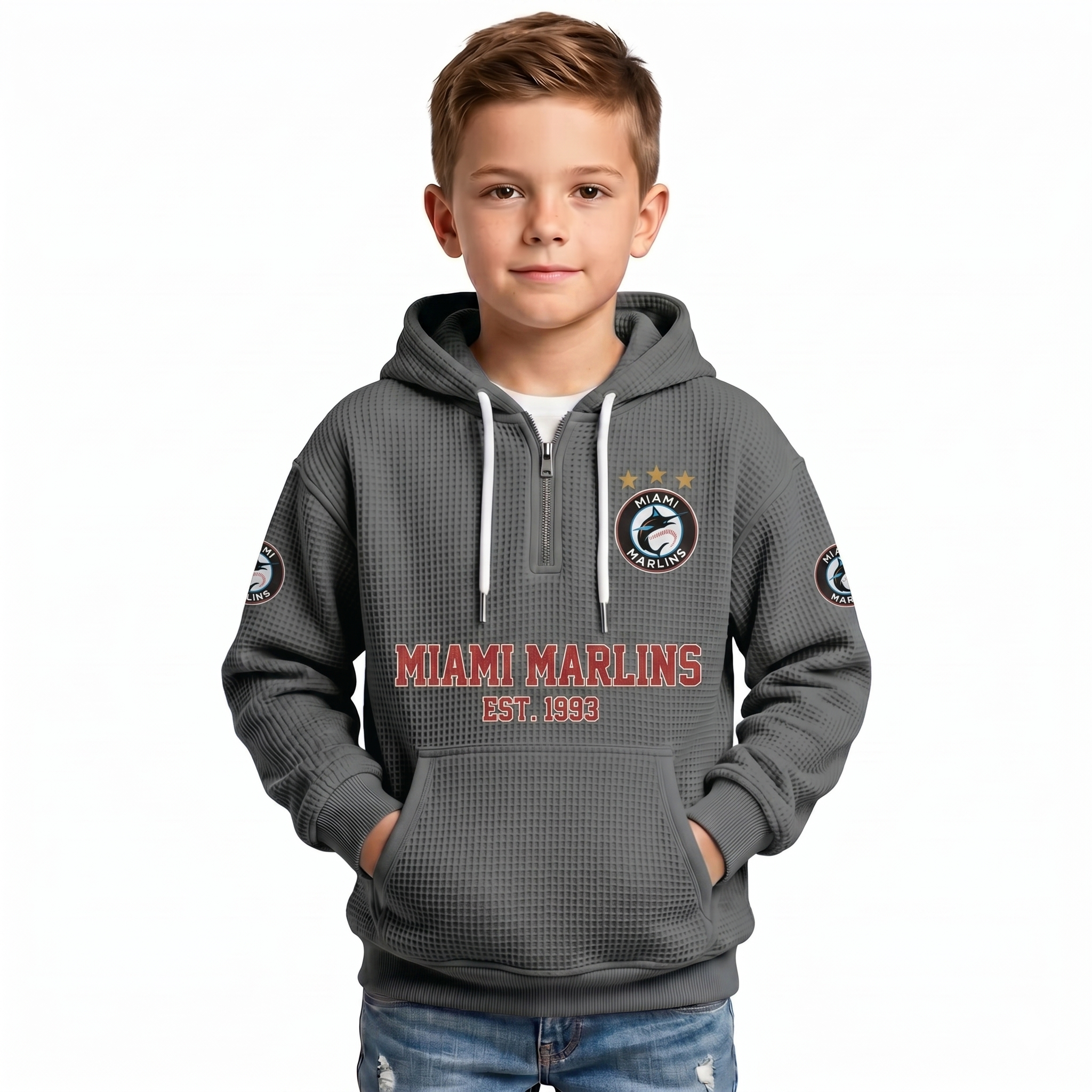 Miami Marlins EST 1993 Printed Waffle Quarter Zip Baseball Fan Hoodie For Kids
