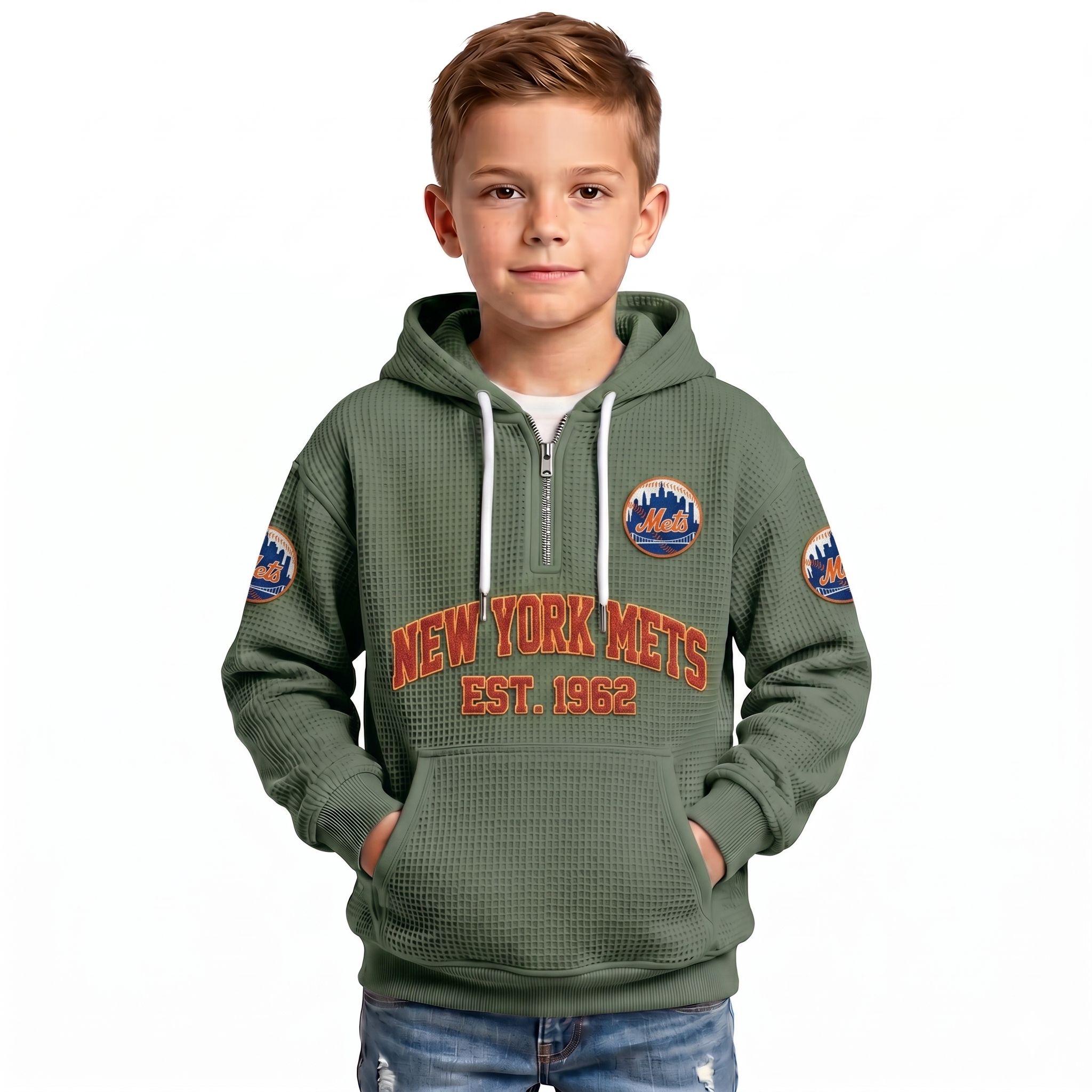 New York Mets EST 1962 Printed Waffle Quarter Zip Baseball Fan Hoodie For Kids