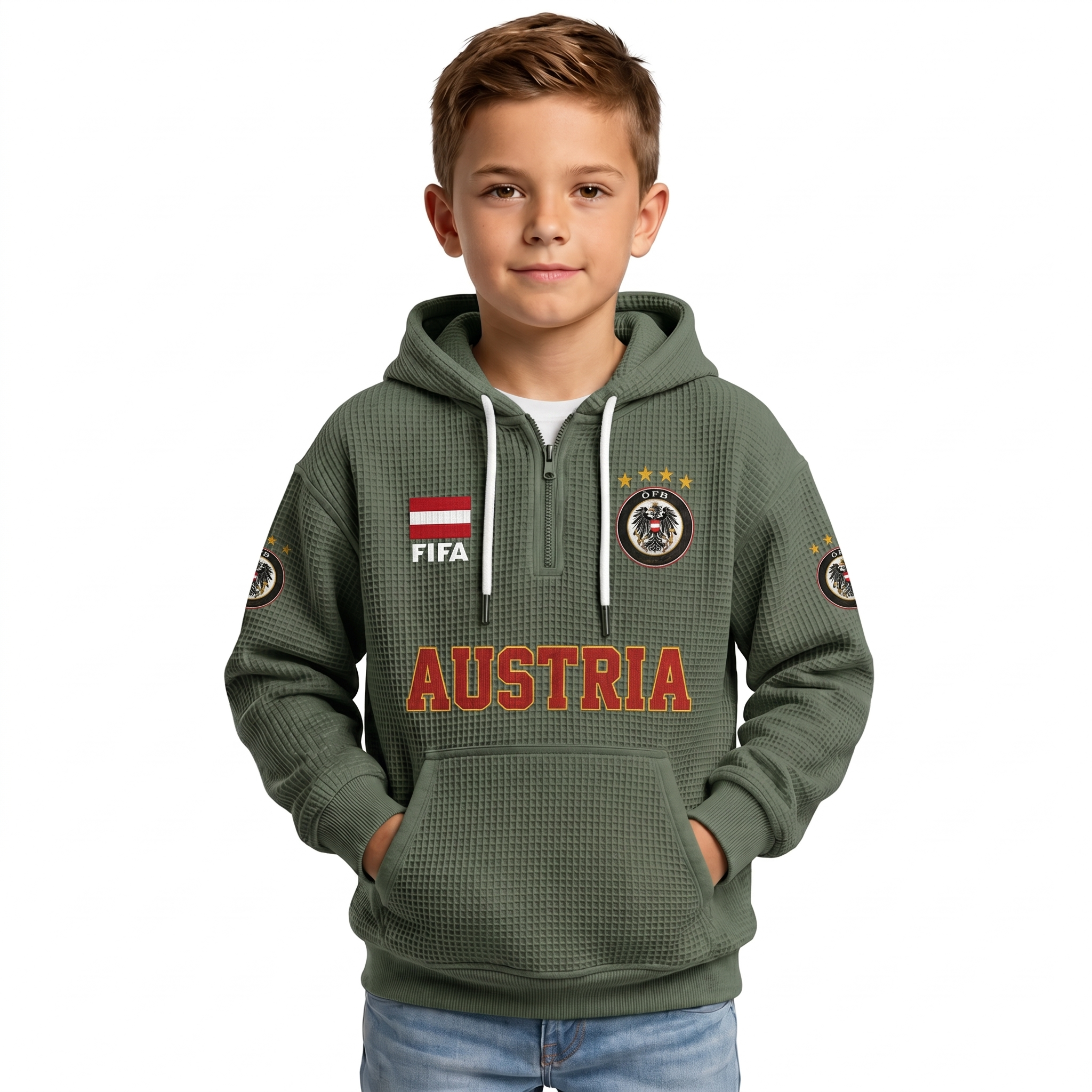 FIFA 2026 Austria Printed Waffle Quarter Zip Football Fan Hoodie For Kids