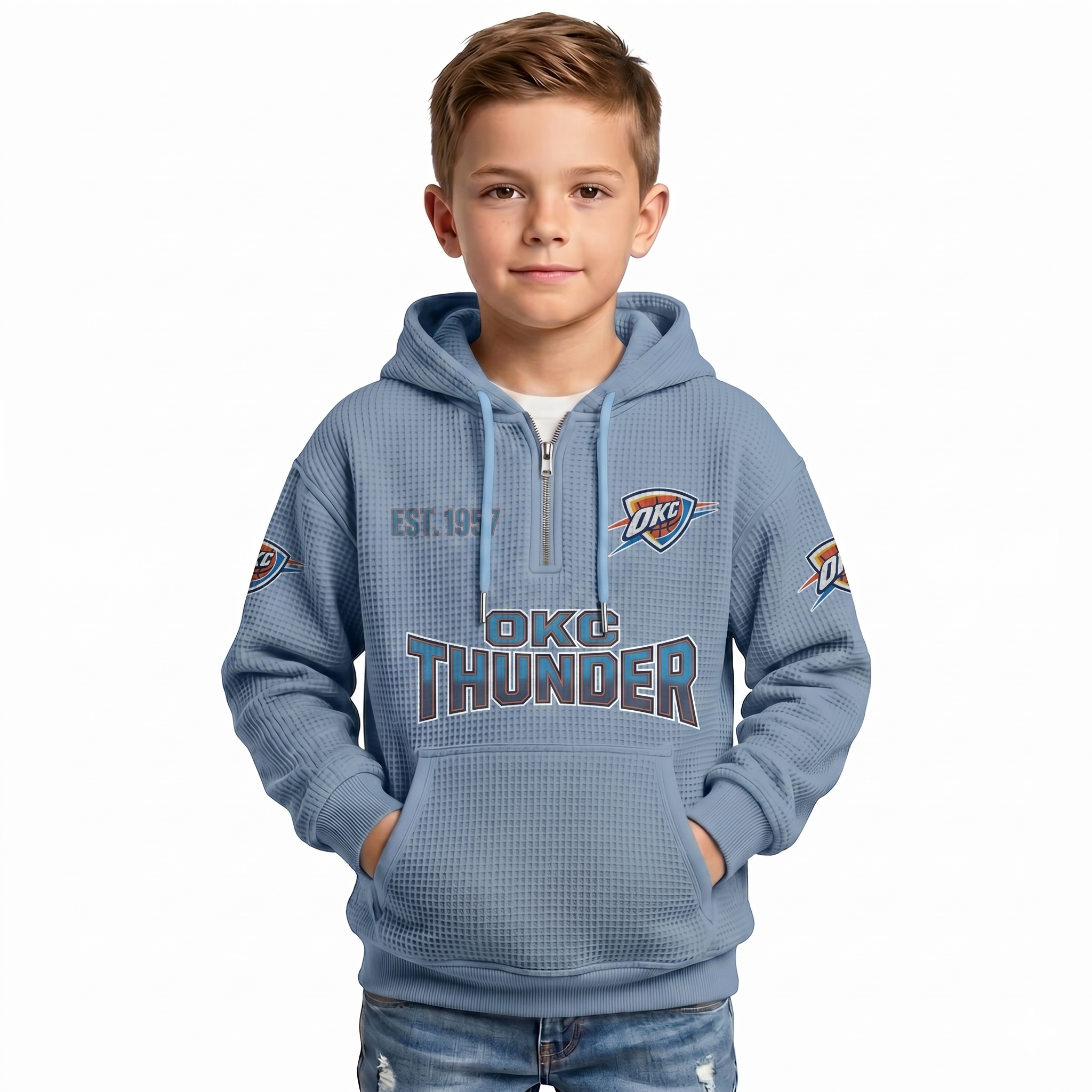 Oklahoma City Thunder EST 1967 Printed Waffle Quarter Zip Basketball Fan Hoodie For Kids