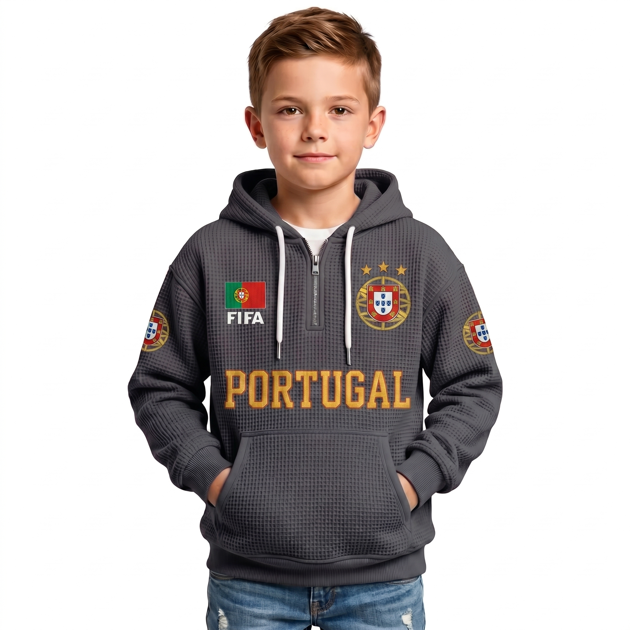 FIFA 2026 Portugal Printed Waffle Quarter Zip Football Fan Hoodie For Kids
