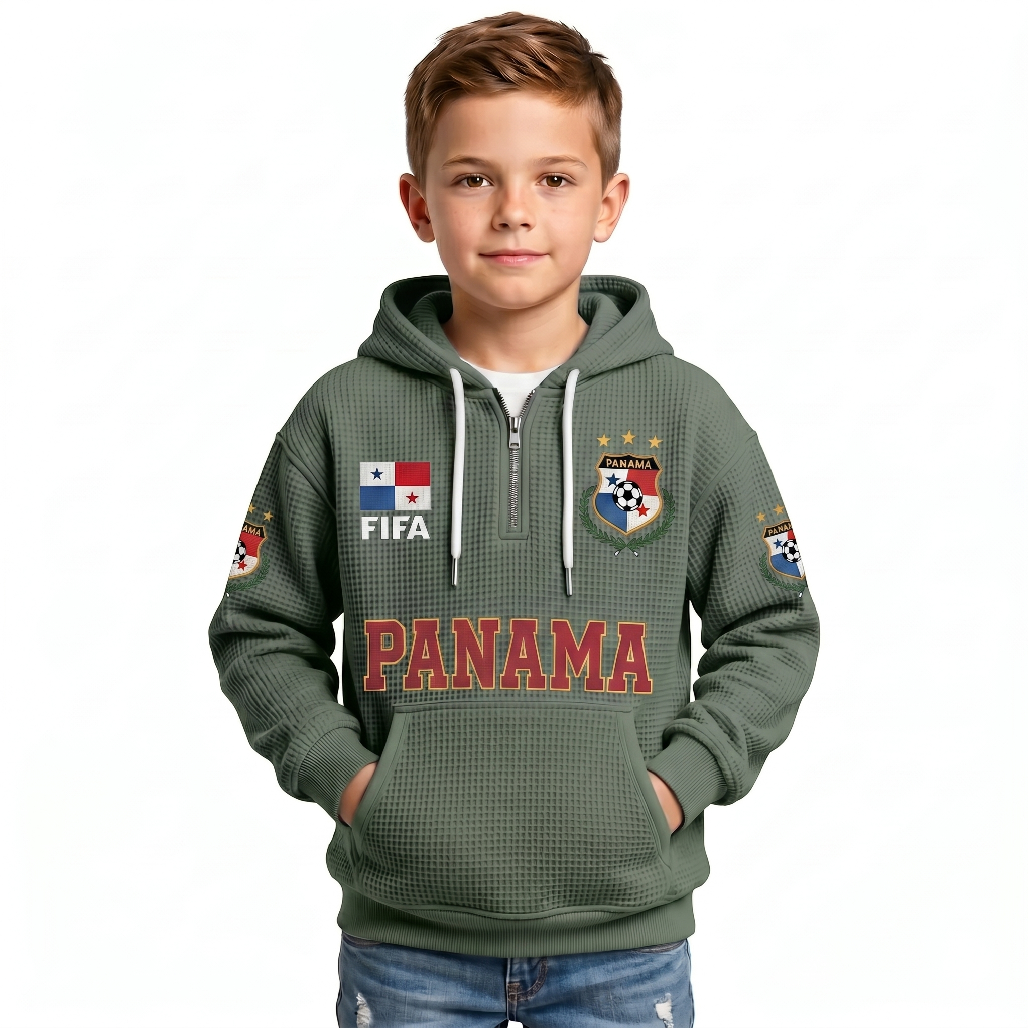 FIFA 2026 Panama Printed Waffle Quarter Zip Football Fan Hoodie For Kids