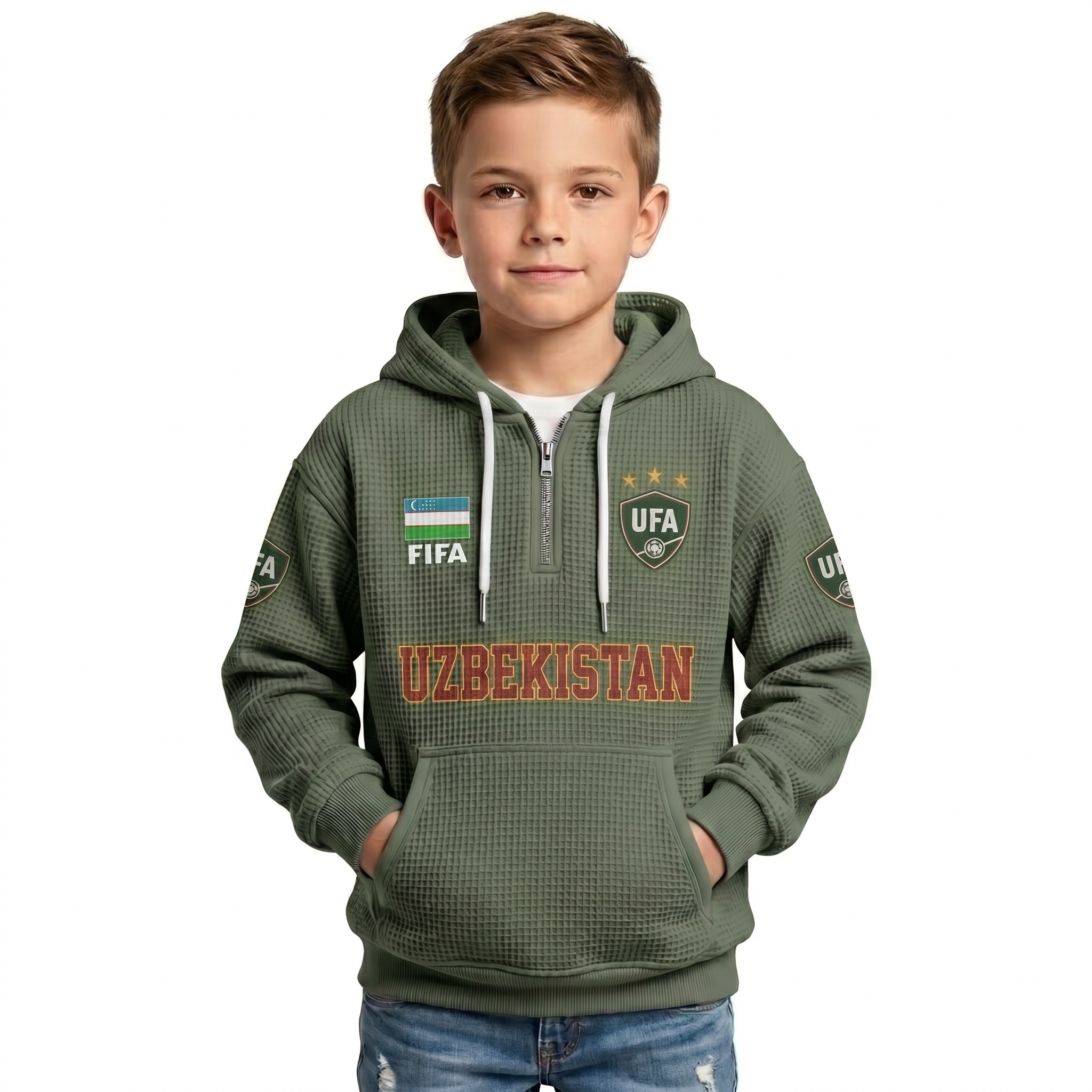 FIFA 2026 Uzbekistan Printed Waffle Quarter Zip Football Fan Hoodie For Kids