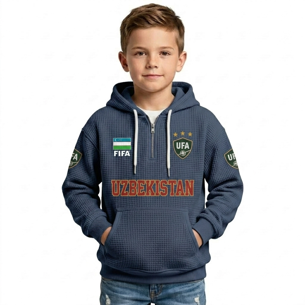FIFA 2026 Uzbekistan Printed Waffle Quarter Zip Football Fan Hoodie For Kids