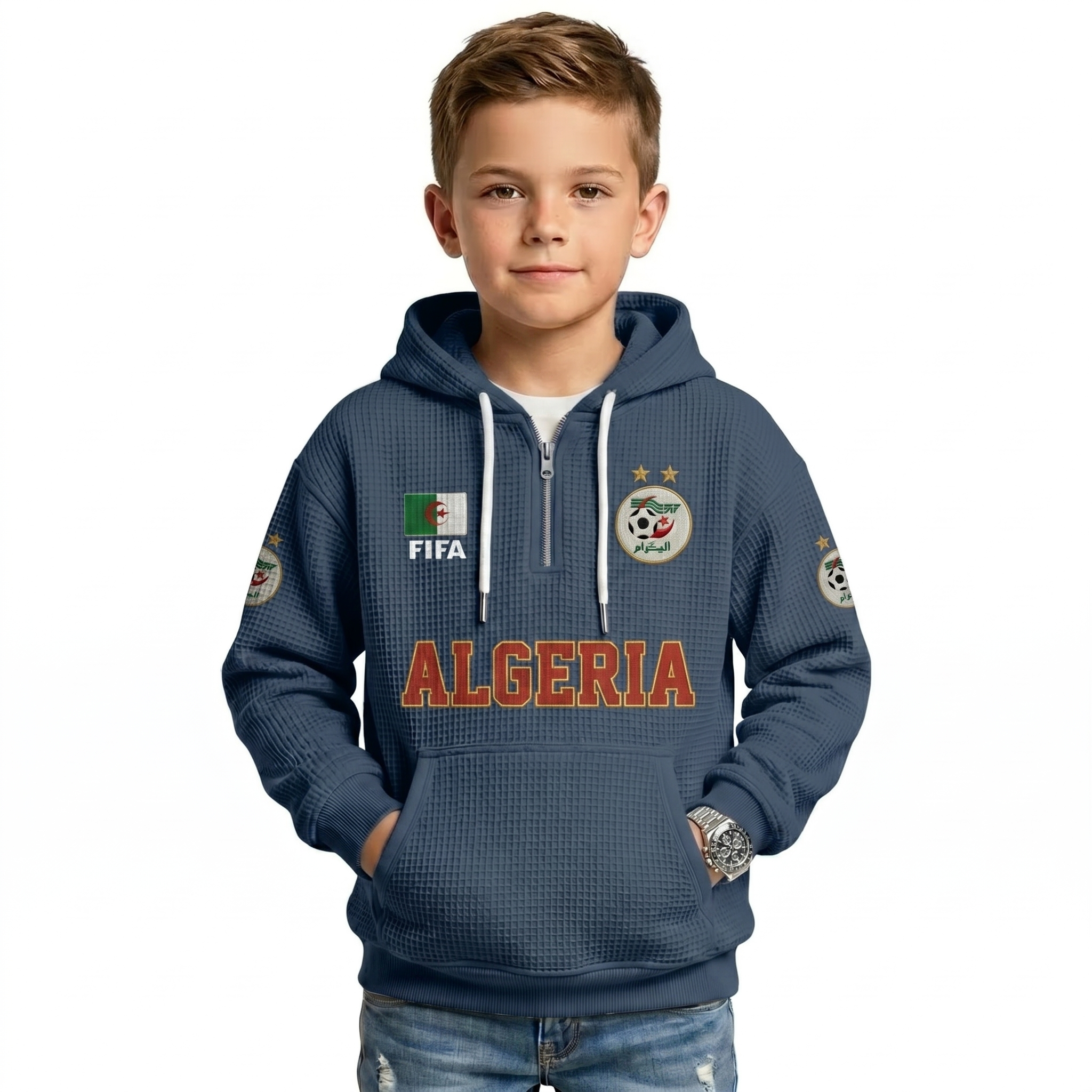 FIFA 2026 Algeria Printed Waffle Quarter Zip Football Fan Hoodie For Kids