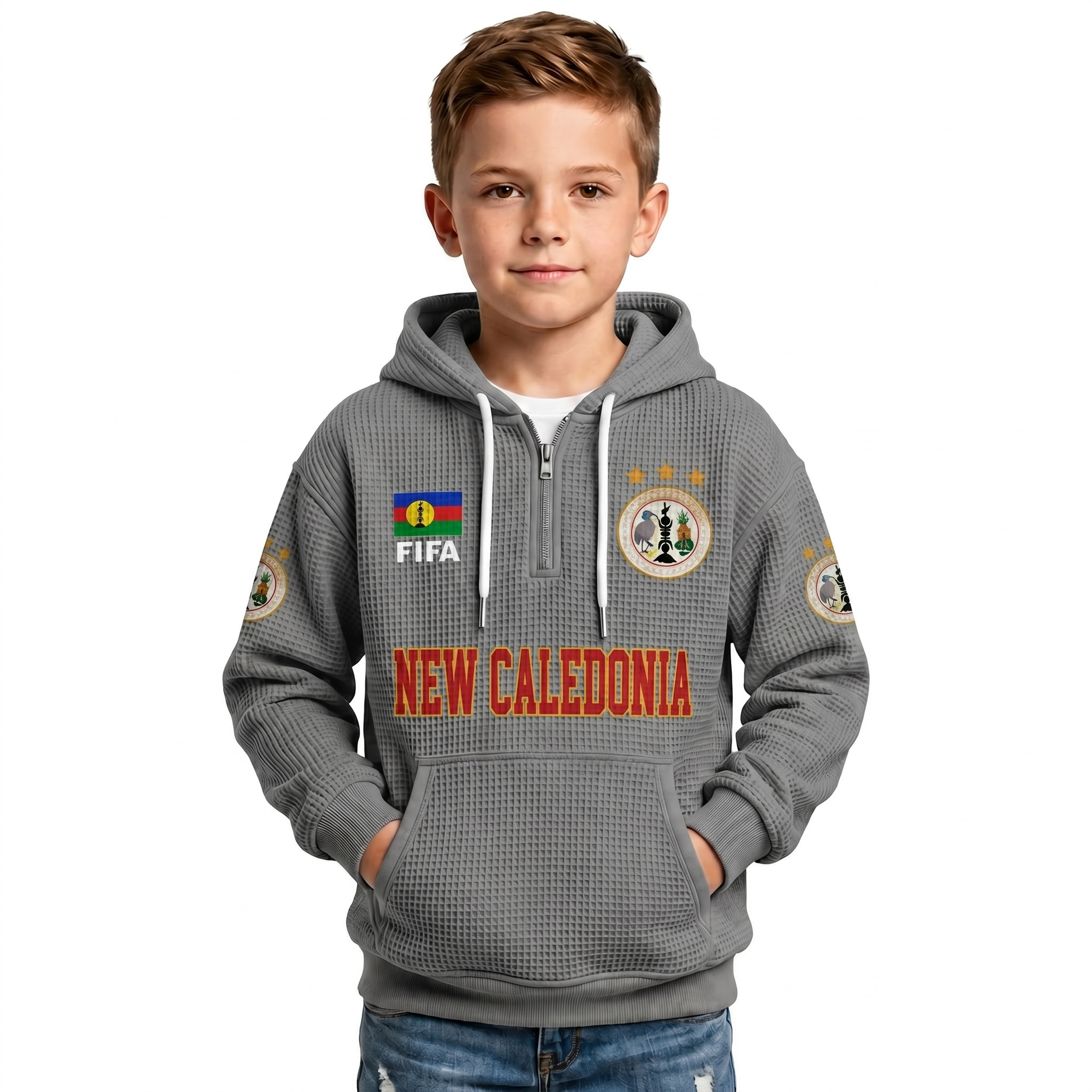 FIFA 2026 Caledonia Printed Waffle Quarter Zip Football Fan Hoodie For Kids