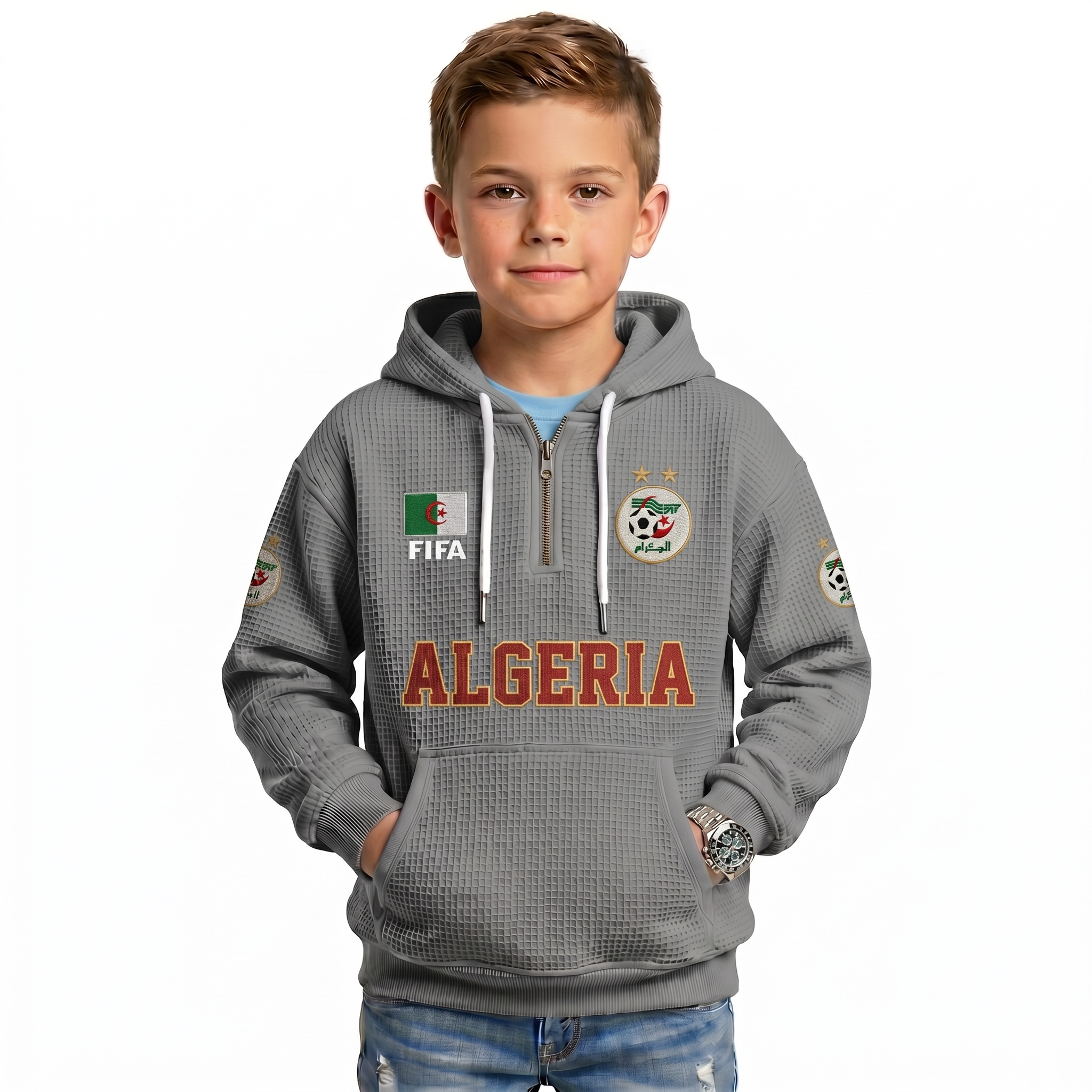 FIFA 2026 Algeria Printed Waffle Quarter Zip Football Fan Hoodie For Kids