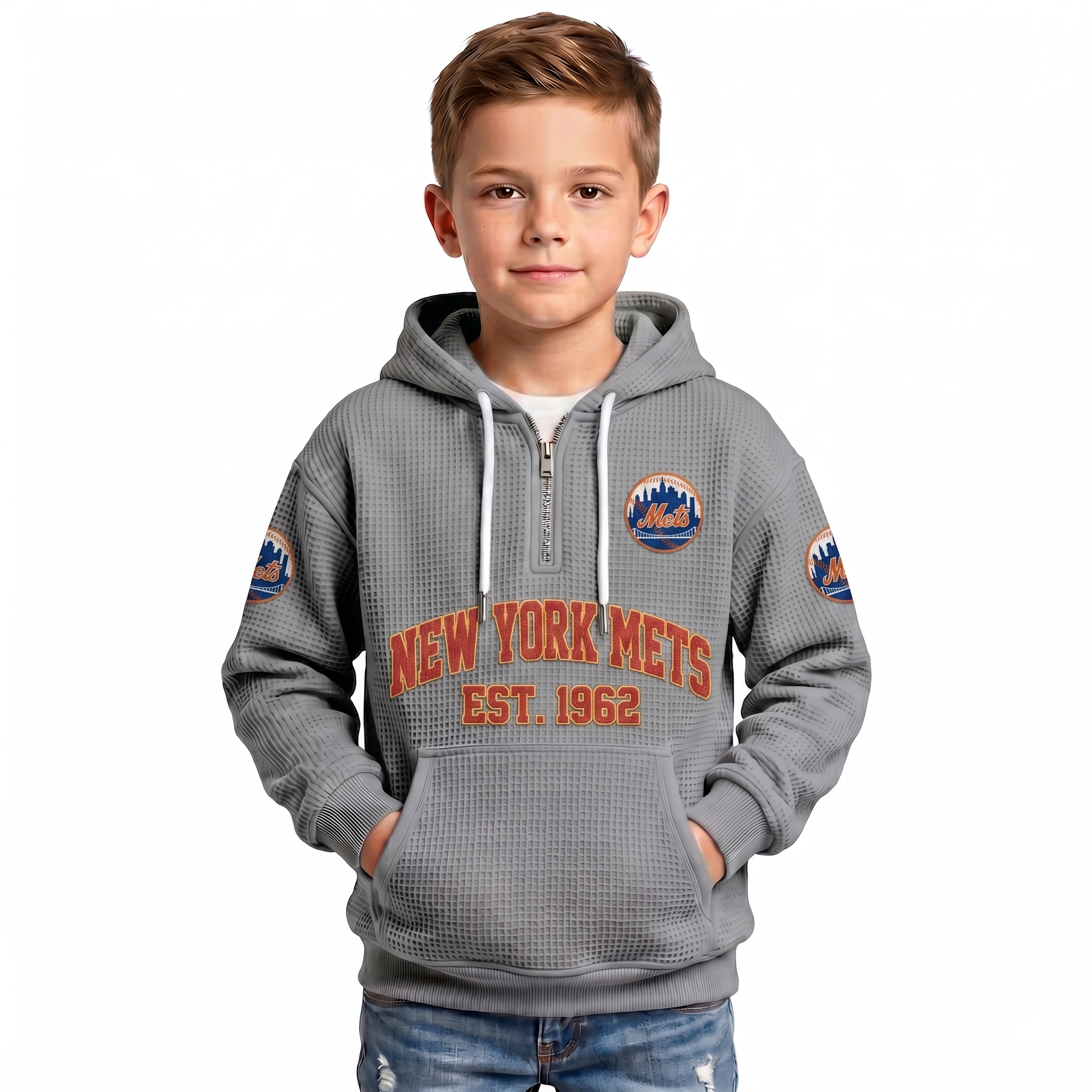 New York Mets EST 1962 Printed Waffle Quarter Zip Baseball Fan Hoodie For Kids