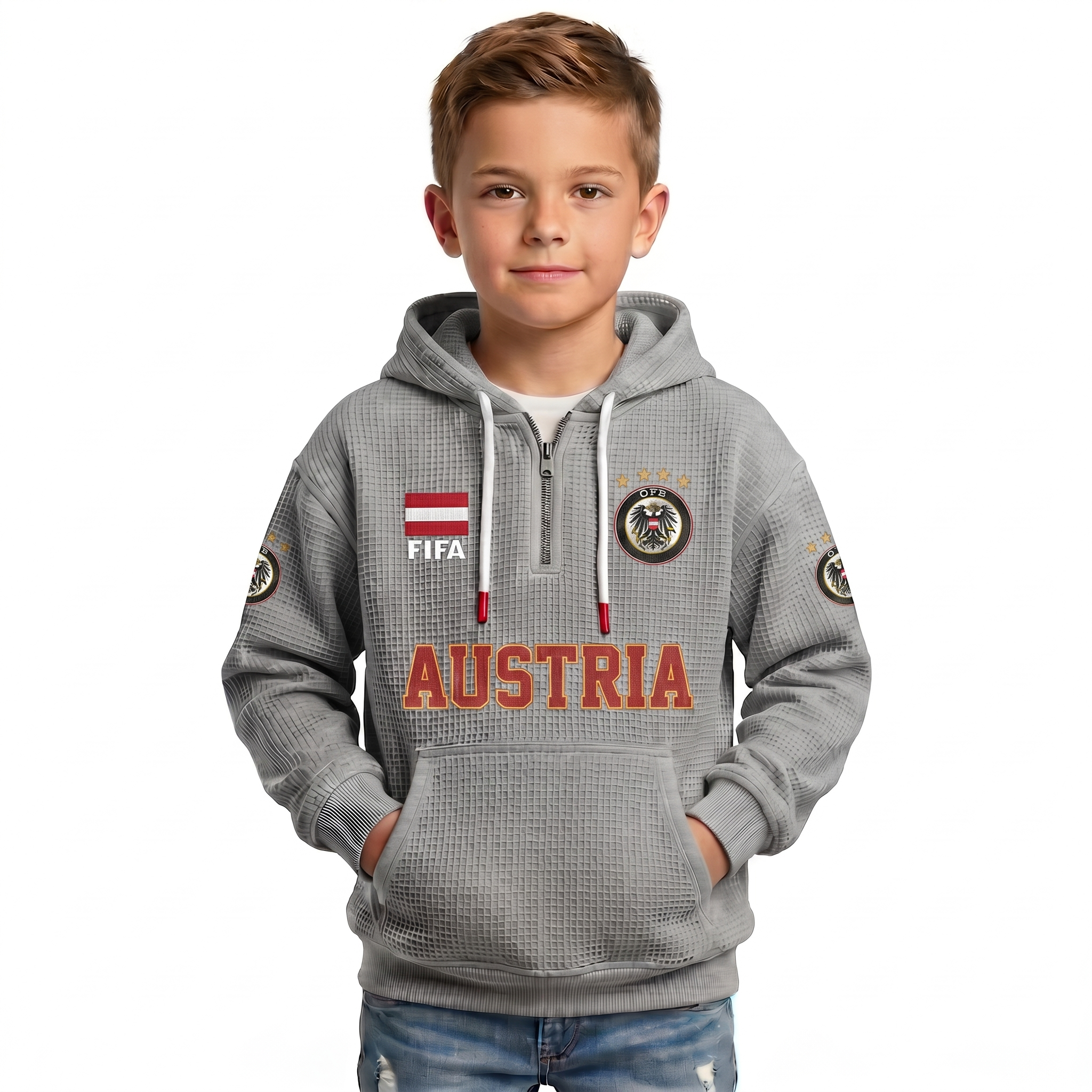 FIFA 2026 Austria Printed Waffle Quarter Zip Football Fan Hoodie For Kids