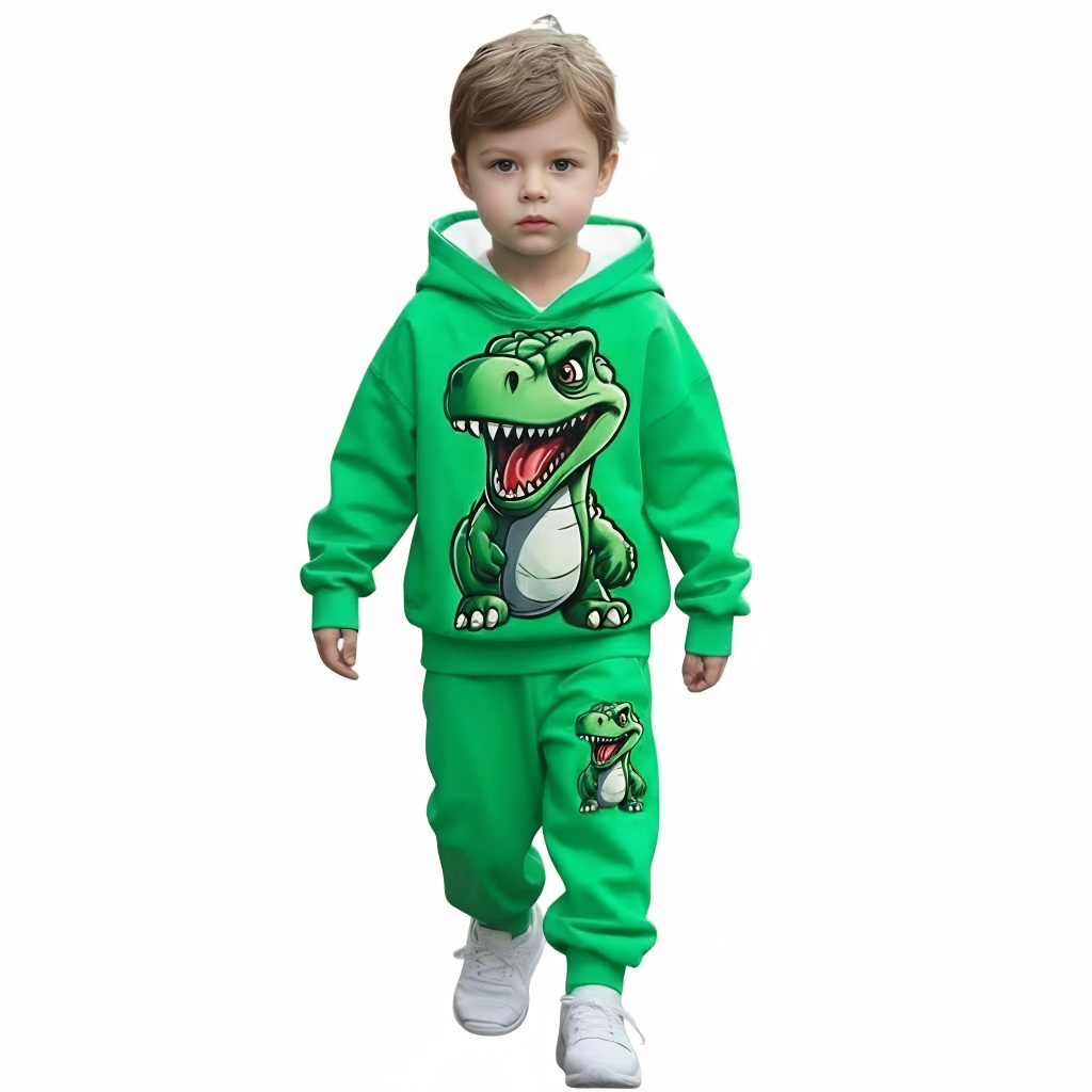 2 Piece Of Cartoon Dinosaur Print Hoodie And Sweatpants Set For boy