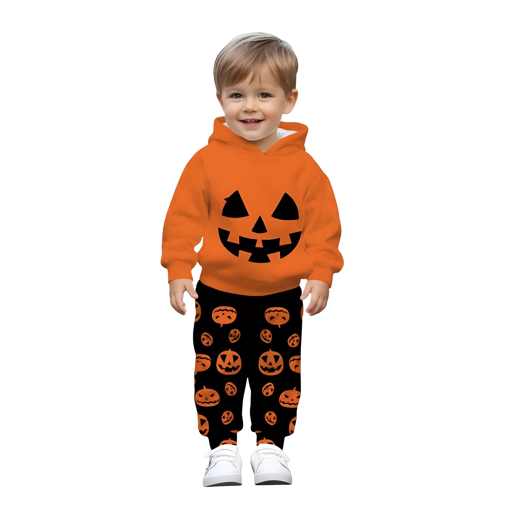 Halloween Pumpkin Print Hooded Sweatshirt Onesie Set For Boys And Girls