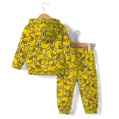 Hooded Sweatsuit Set With Duck Print Romper And Matching Pants For Boys