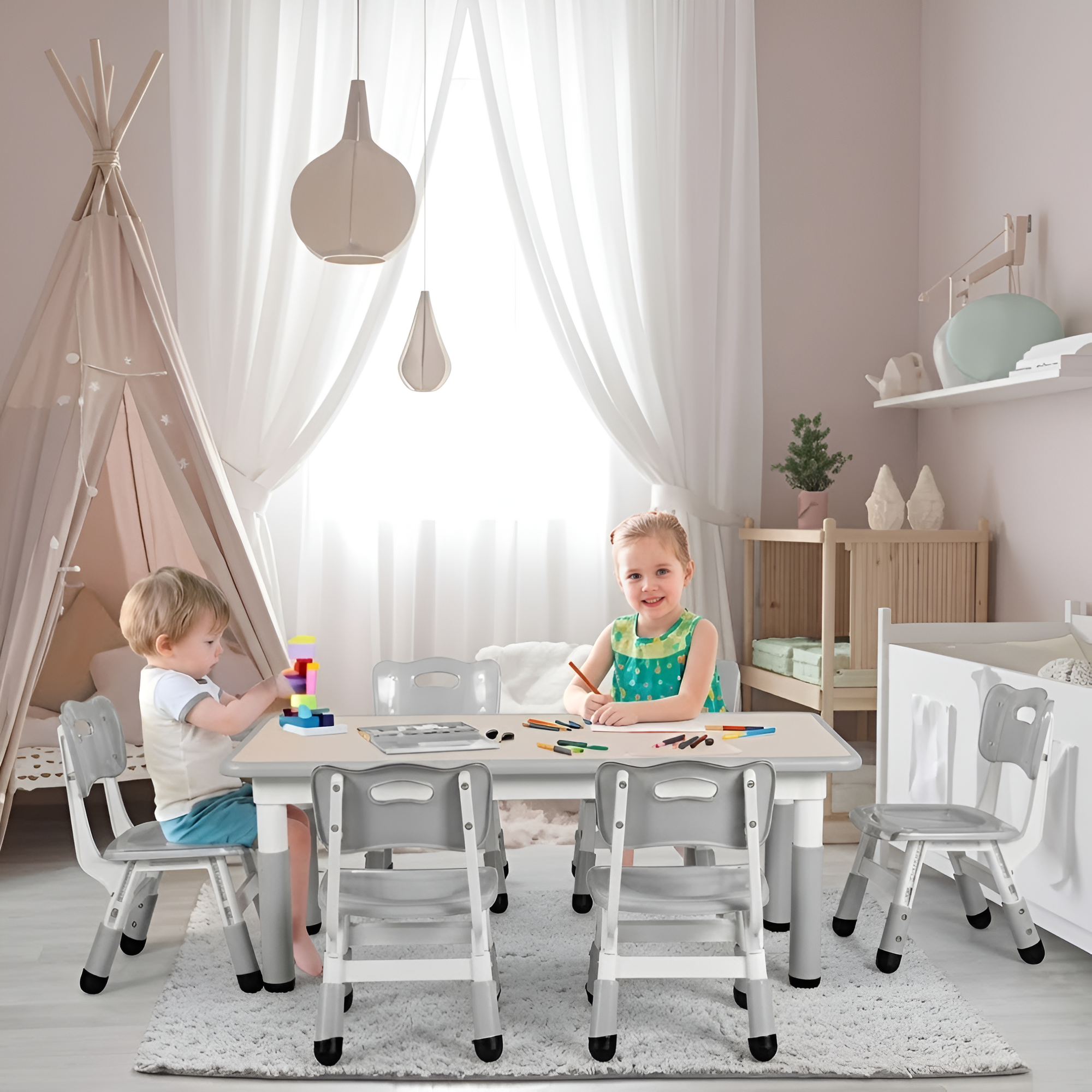Kids Table And 6 Chairs Set Height Adjustable Table Preschool Activity Art Craft Table