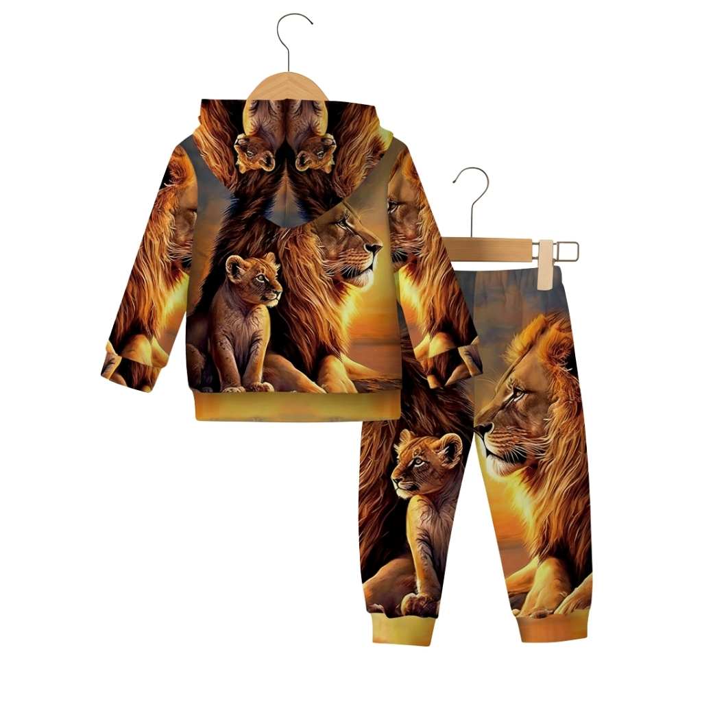 Lion Family Print Hoodie And Jogger Pants Set With Fleece Outfit For Boys And Girls