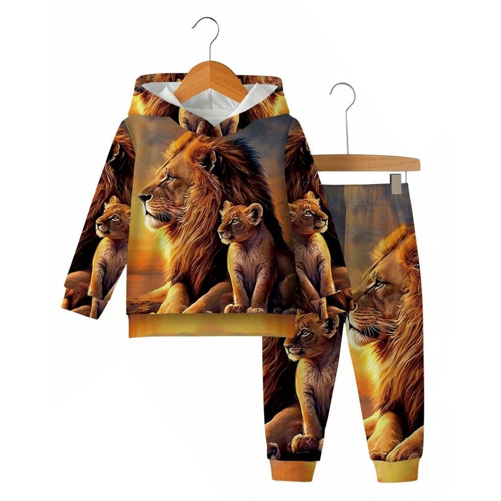 Lion Family Print Hoodie And Jogger Pants Set With Fleece Outfit For Boys And Girls