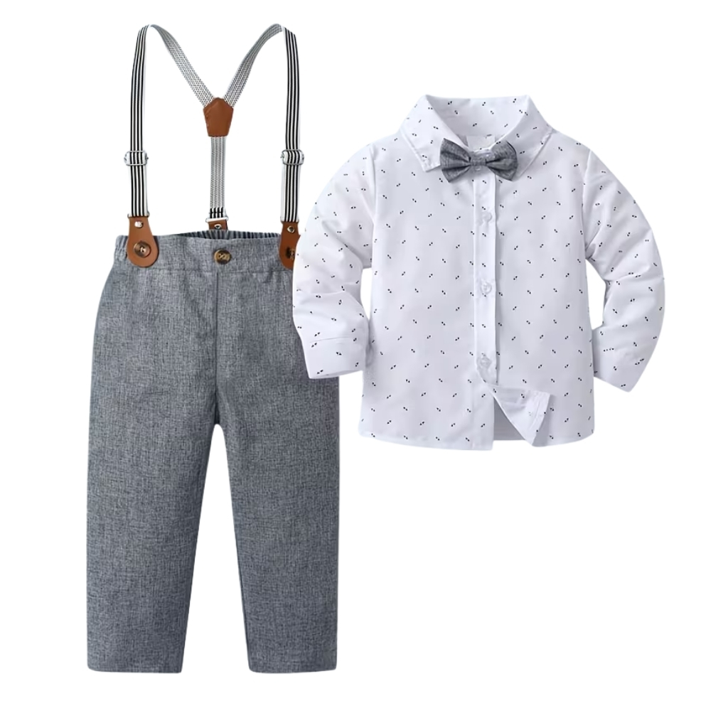 Long Sleeve Bow Tie Shirt And Suspender Pants 2 Piece Outfit Set For Boys