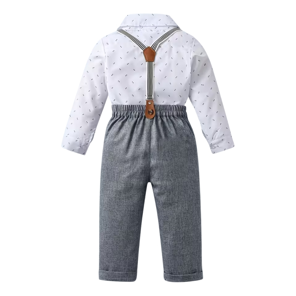 Long Sleeve Bow Tie Shirt And Suspender Pants 2 Piece Outfit Set For Boys