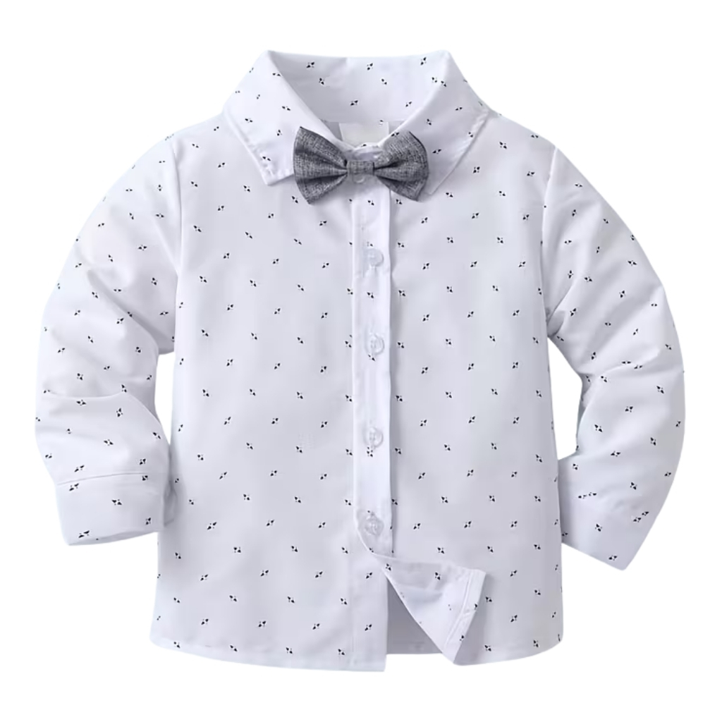 Long Sleeve Bow Tie Shirt And Suspender Pants 2 Piece Outfit Set For Boys