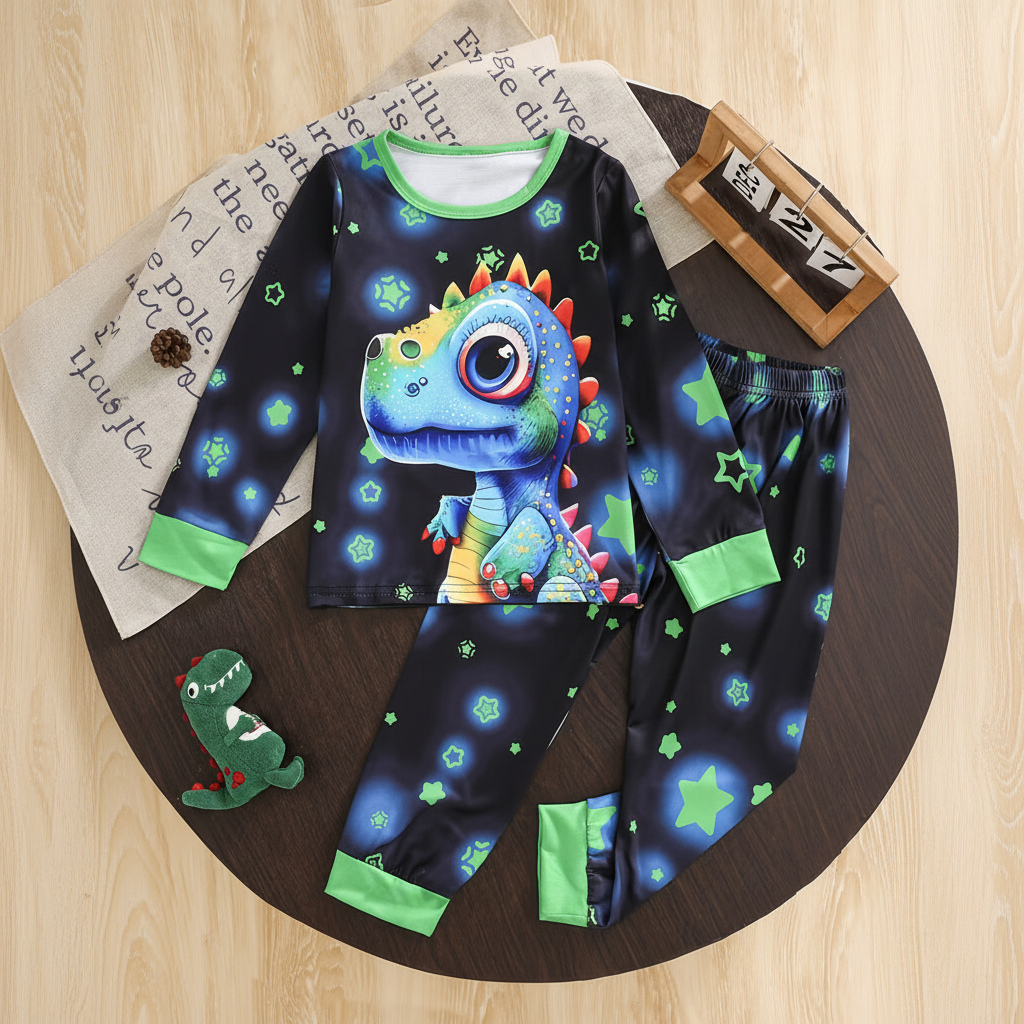 Long Sleeve Dinosaur Print Pajama Set For Kids