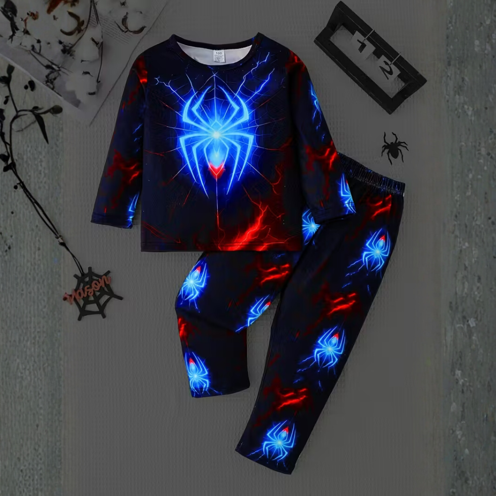 Long Sleeve Pajama Set With Spider Print For Boys