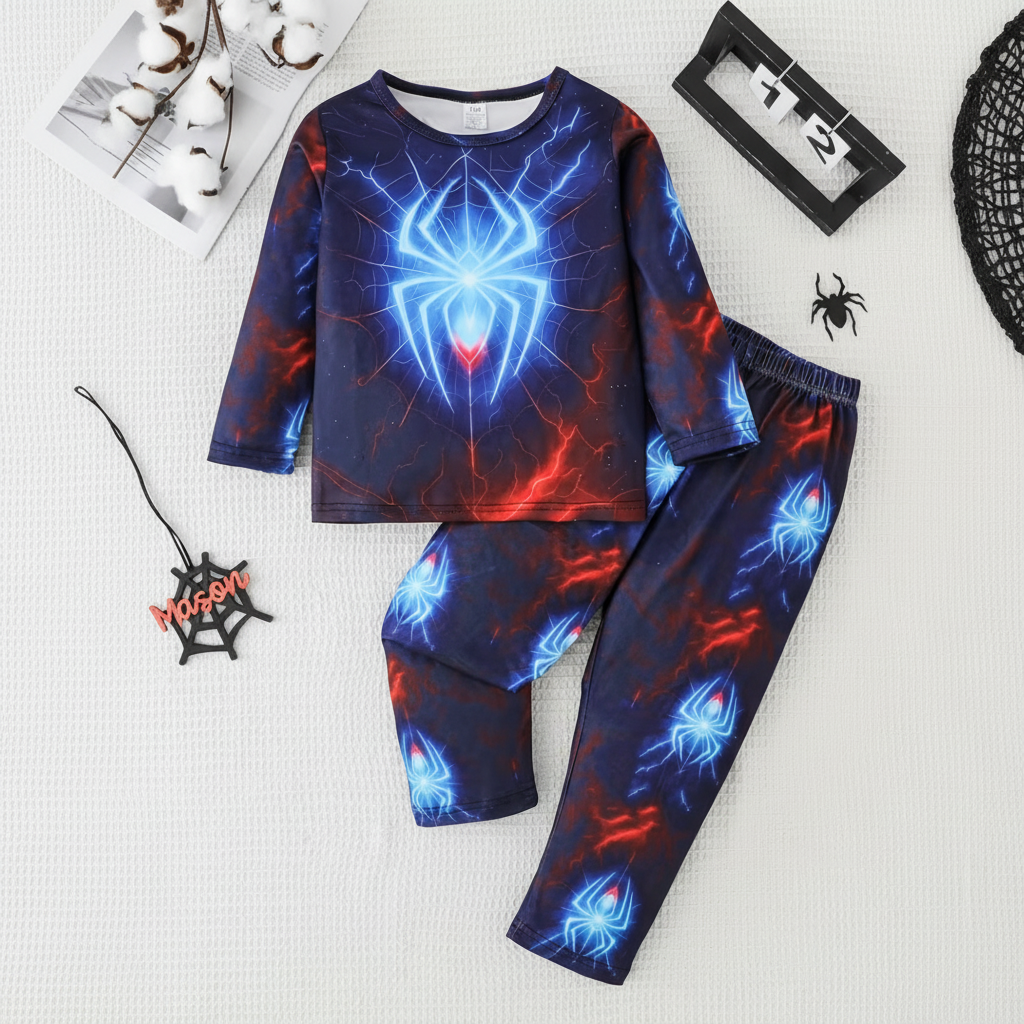 Long Sleeve Pajama Set With Spider Print For Boys