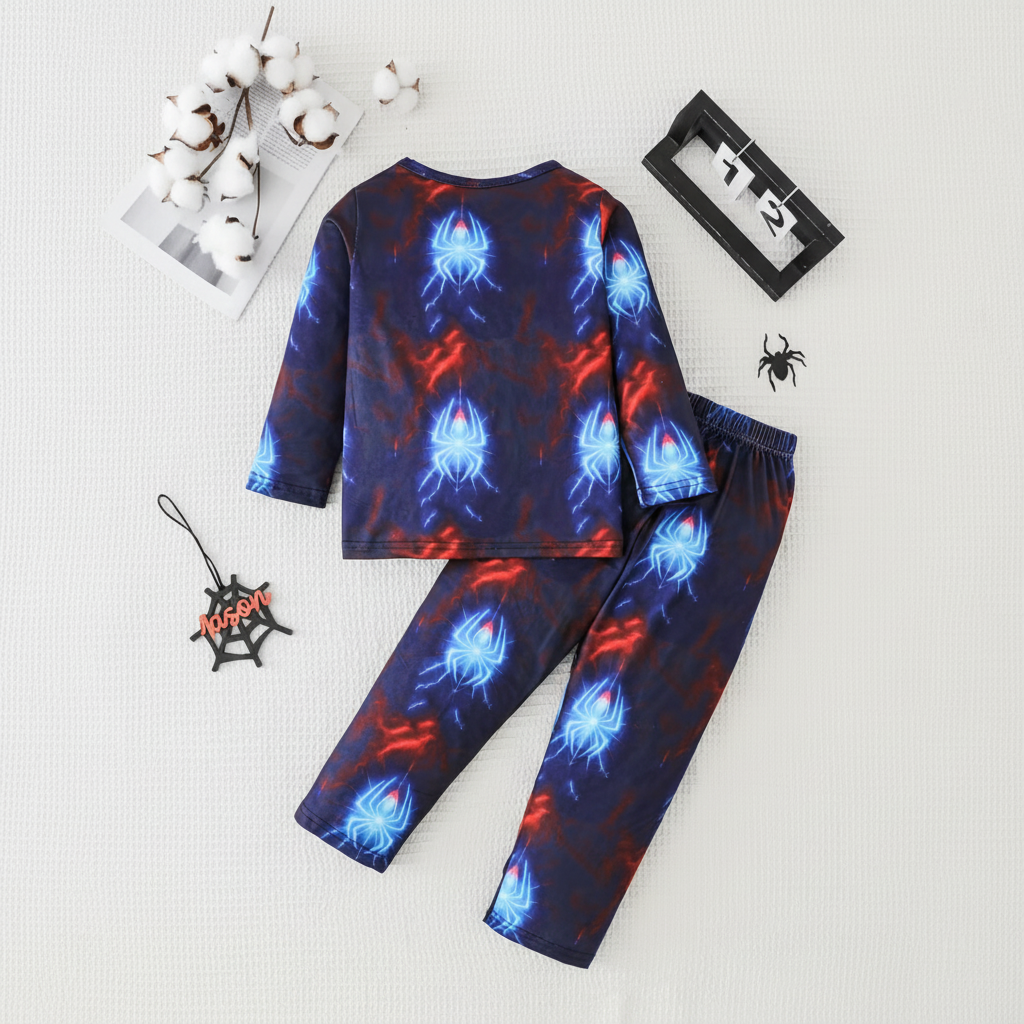 Long Sleeve Pajama Set With Spider Print For Boys