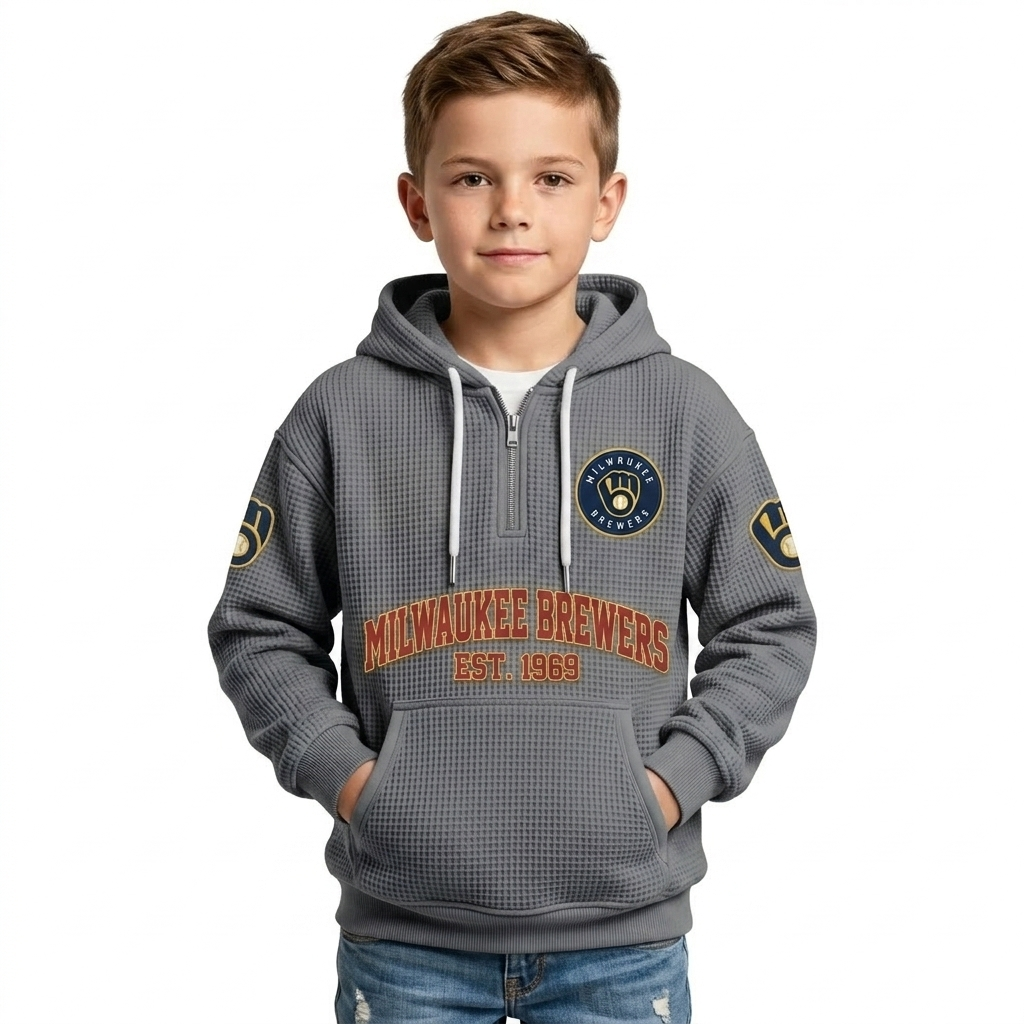 Milwaukee Brewers EST 1969 Printed Waffle Quarter Zip Baseball Fan Hoodie For Kids