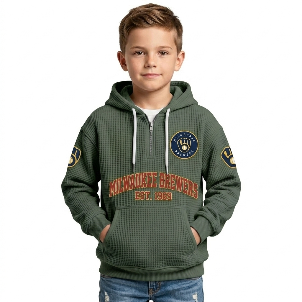 Milwaukee Brewers EST 1969 Printed Waffle Quarter Zip Baseball Fan Hoodie For Kids