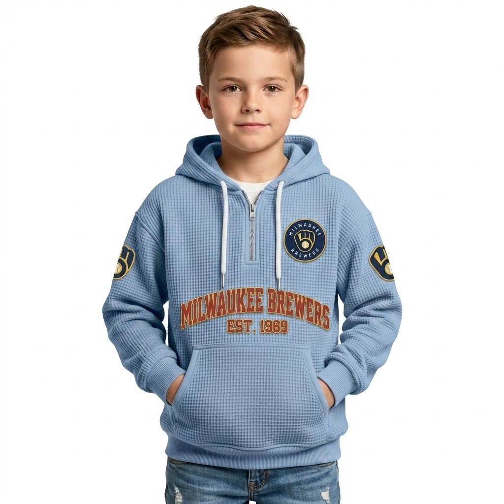 Milwaukee Brewers EST 1969 Printed Waffle Quarter Zip Baseball Fan Hoodie For Kids