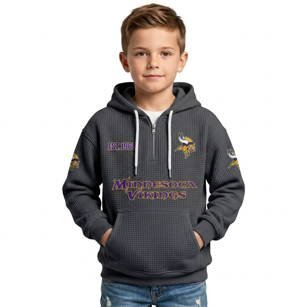 Minnesota Vikings Football Team Themed Hoodie With Quarter Zip And Classic EST 1960 Logo For Kids