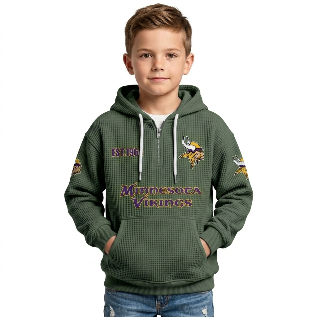 Minnesota Vikings Football Team Themed Hoodie With Quarter Zip And Classic EST 1960 Logo For Kids