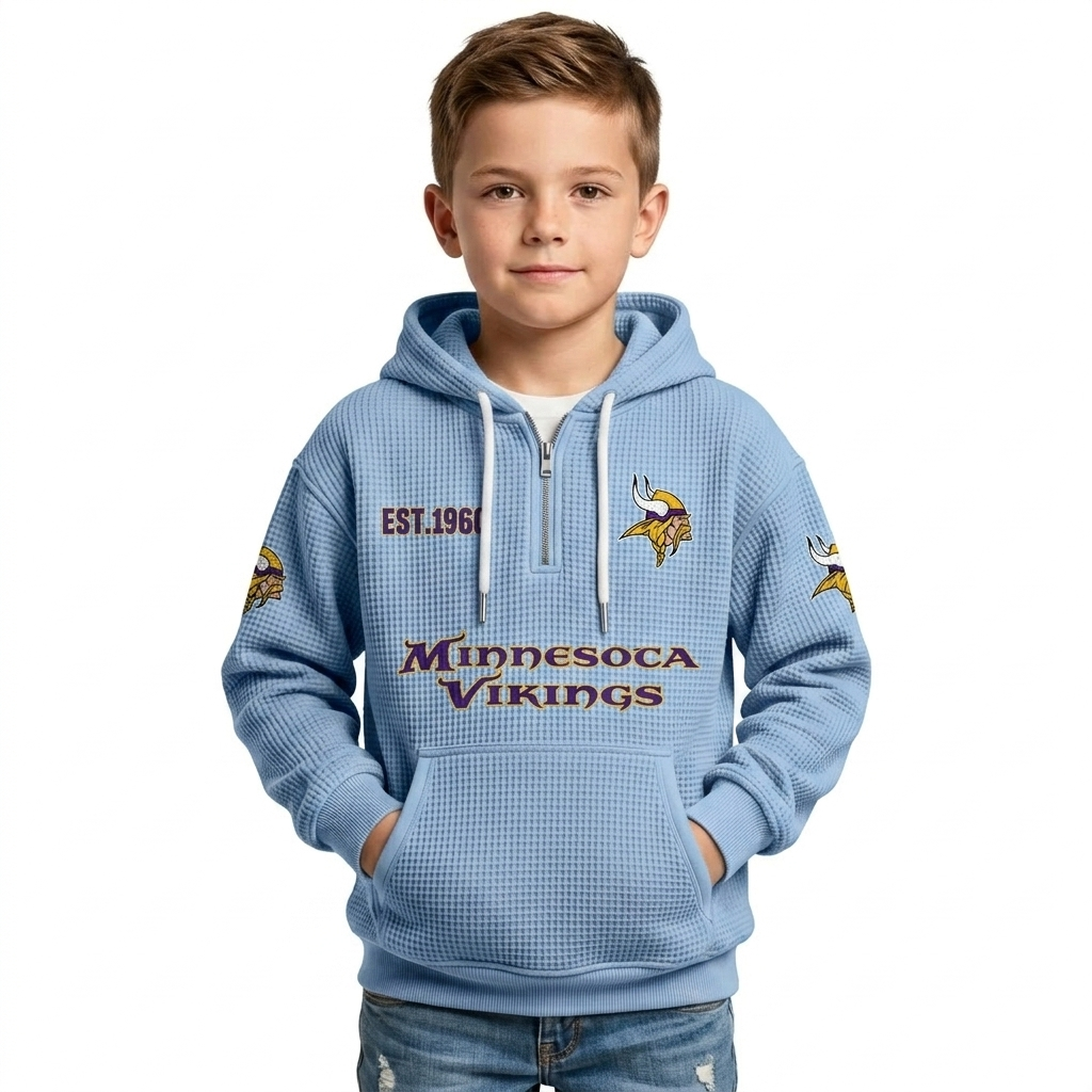 Minnesota Vikings Football Team Themed Hoodie With Quarter Zip And Classic EST 1960 Logo For Kids