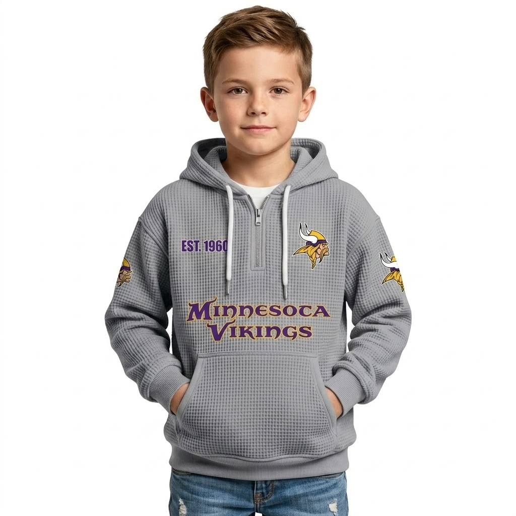 Minnesota Vikings Football Team Themed Hoodie With Quarter Zip And Classic EST 1960 Logo For Kids