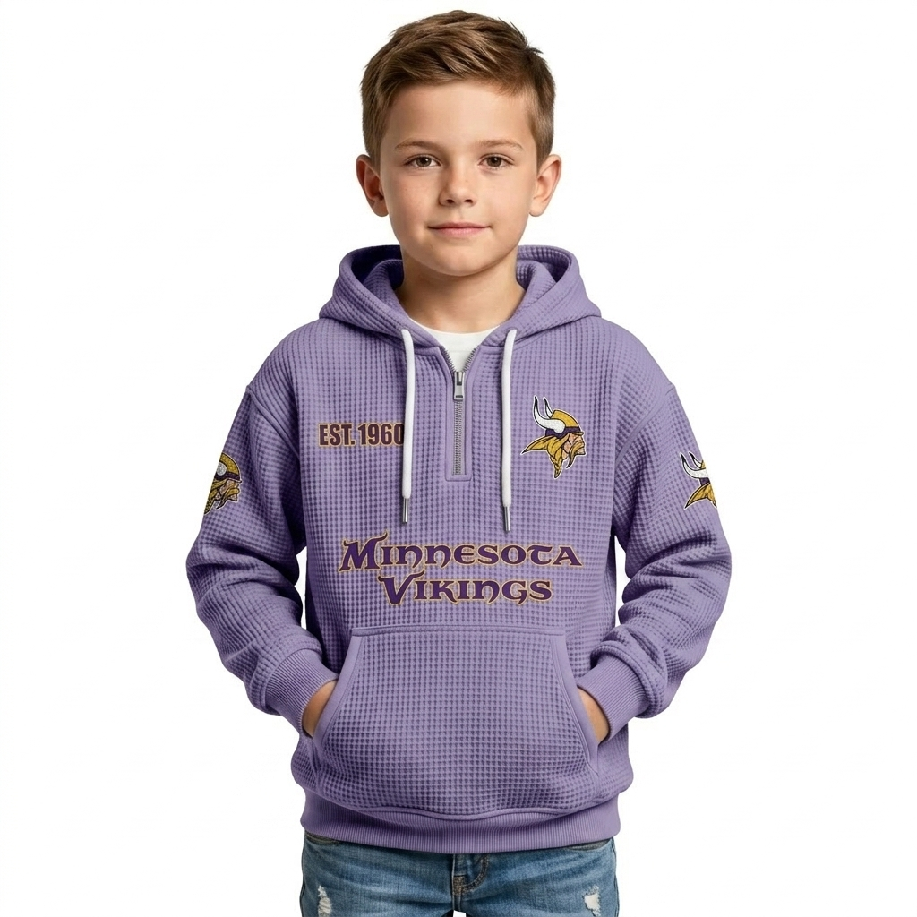 Minnesota Vikings Football Team Themed Hoodie With Quarter Zip And Classic EST 1960 Logo For Kids
