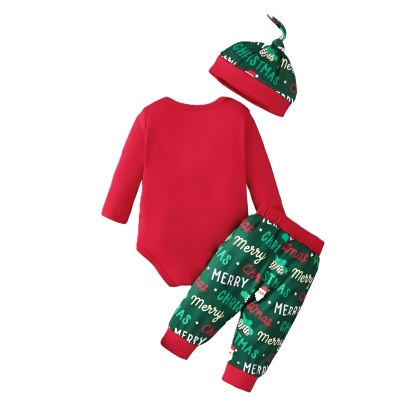 My First Christmas Santa Print Top Pants and Hat 3 Piece Set For Infant