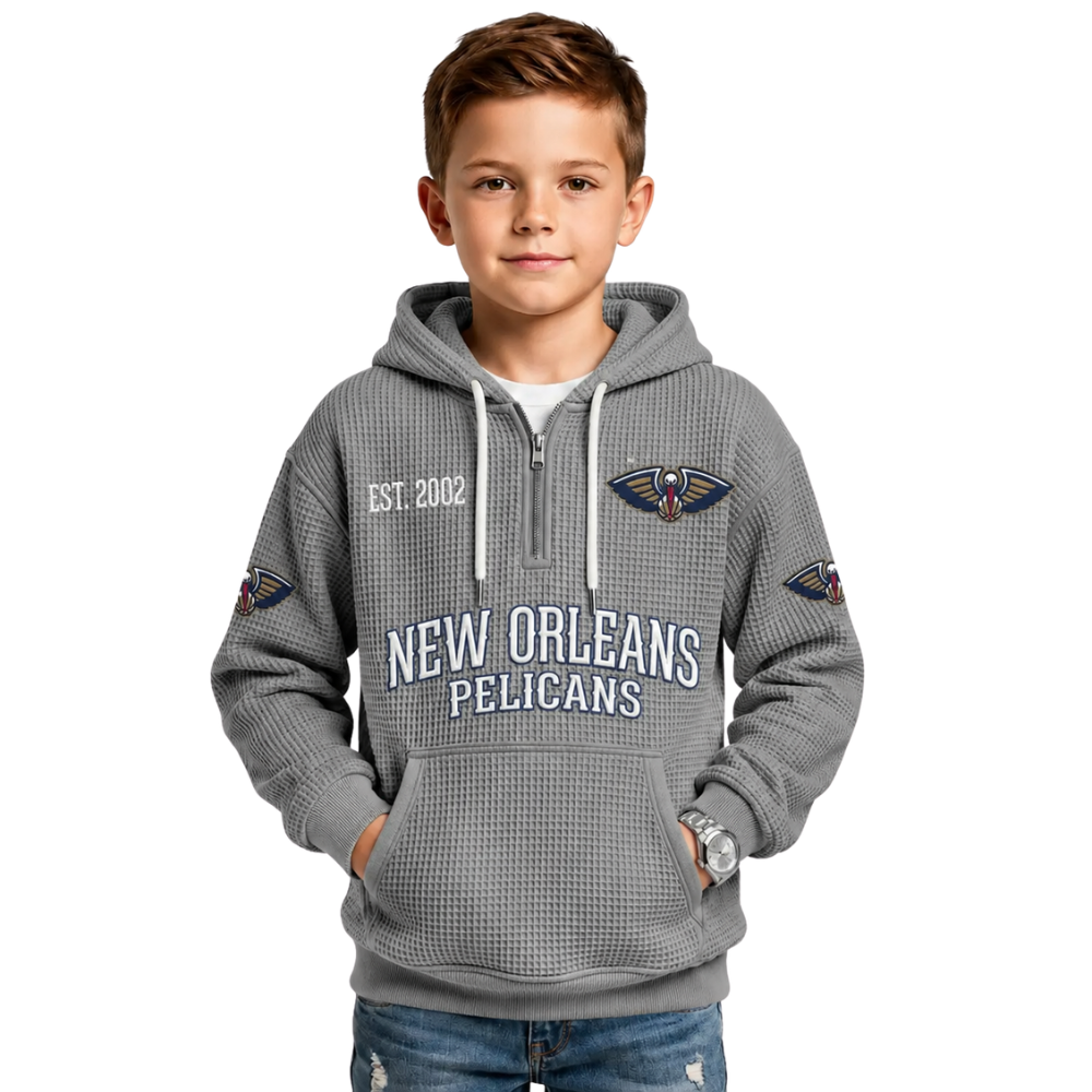 New Orleans Pelicans EST 2002 Printed Waffle Quarter Zip Basketball Fan Hoodie For Kids