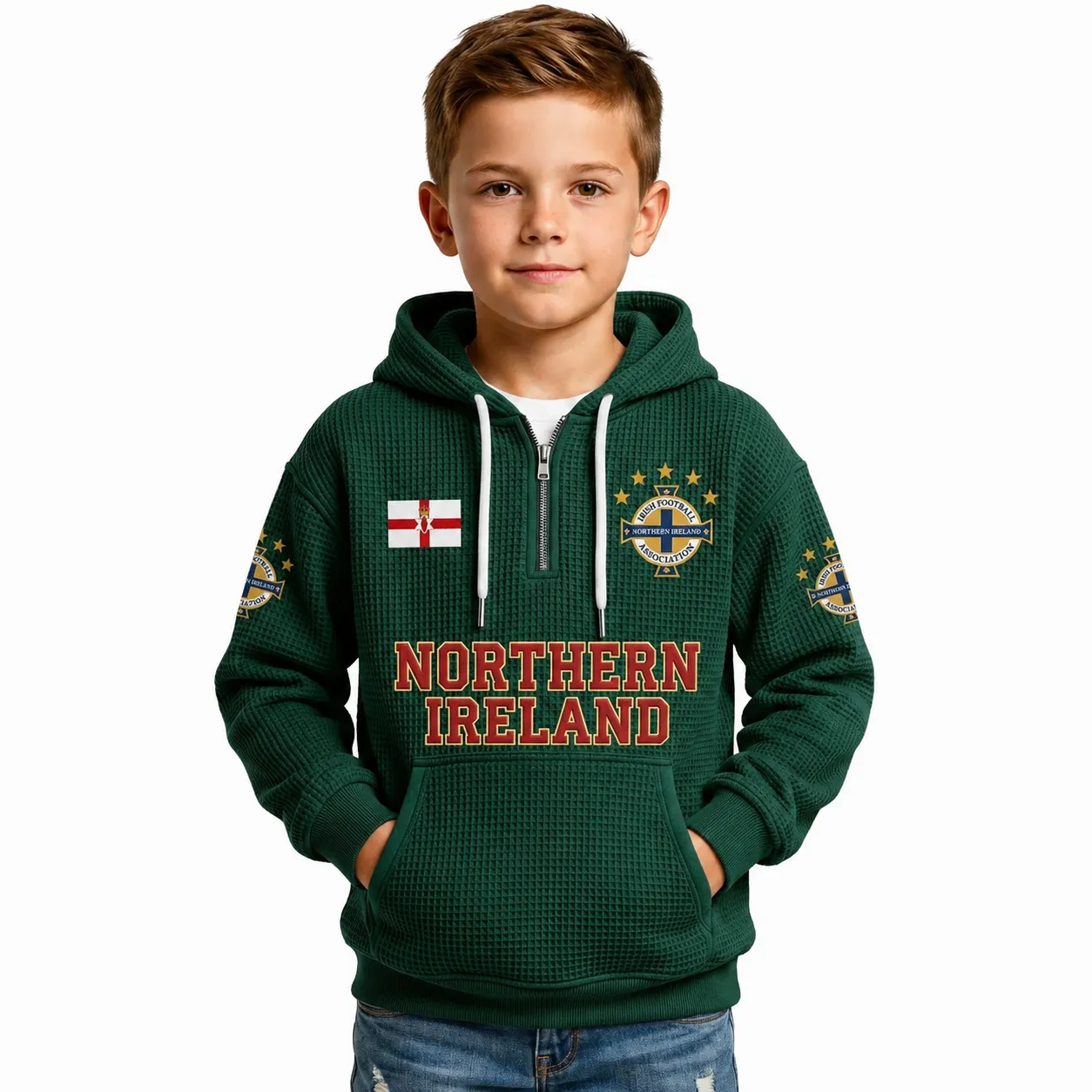 Northern Ireland Printed Waffle Quarter Zip Football Fan Hoodie For Kids