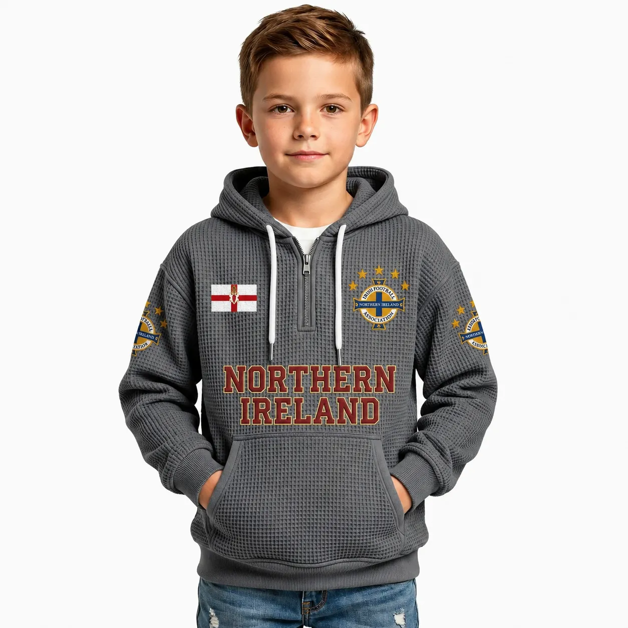 Northern Ireland Printed Waffle Quarter Zip Football Fan Hoodie For Kids