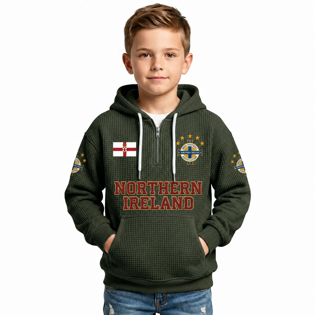 Northern Ireland Printed Waffle Quarter Zip Football Fan Hoodie For Kids