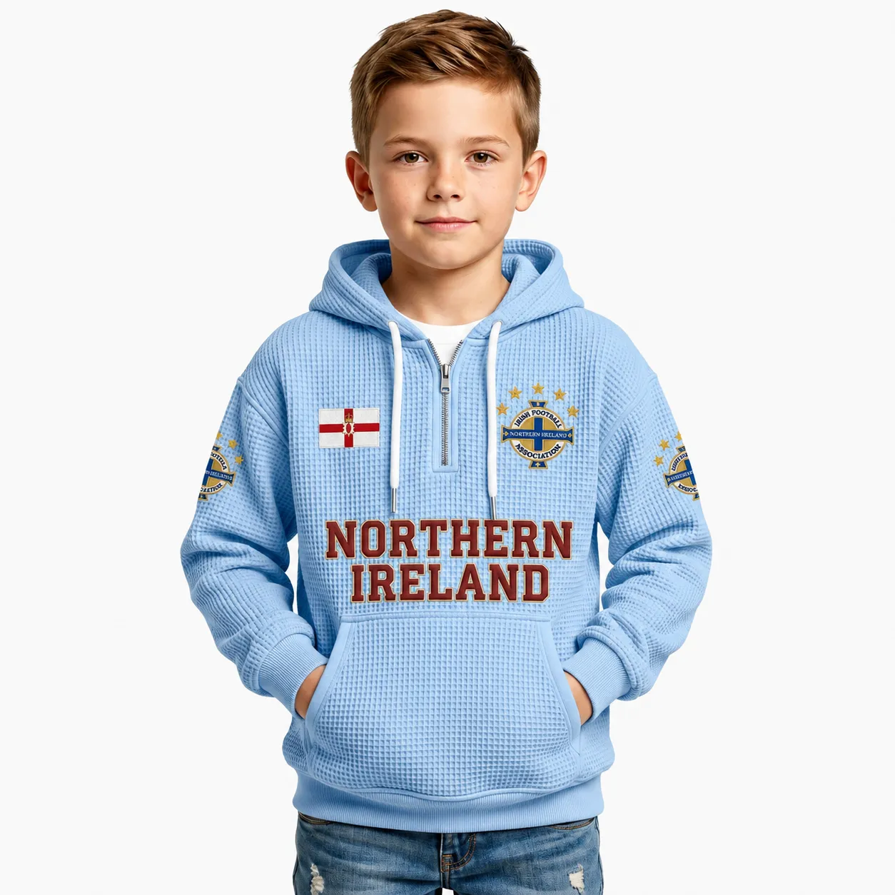 Northern Ireland Printed Waffle Quarter Zip Football Fan Hoodie For Kids